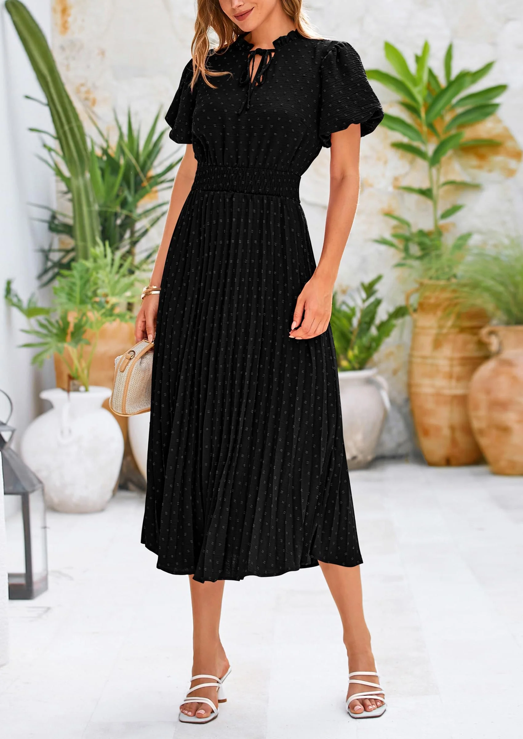 PRETTYGARDEN Womens Midi Dresses Puff Short Sleeve V Neck Swiss Dot Pleated A Line Flowy Long Wedding Guest Dress - Image 19