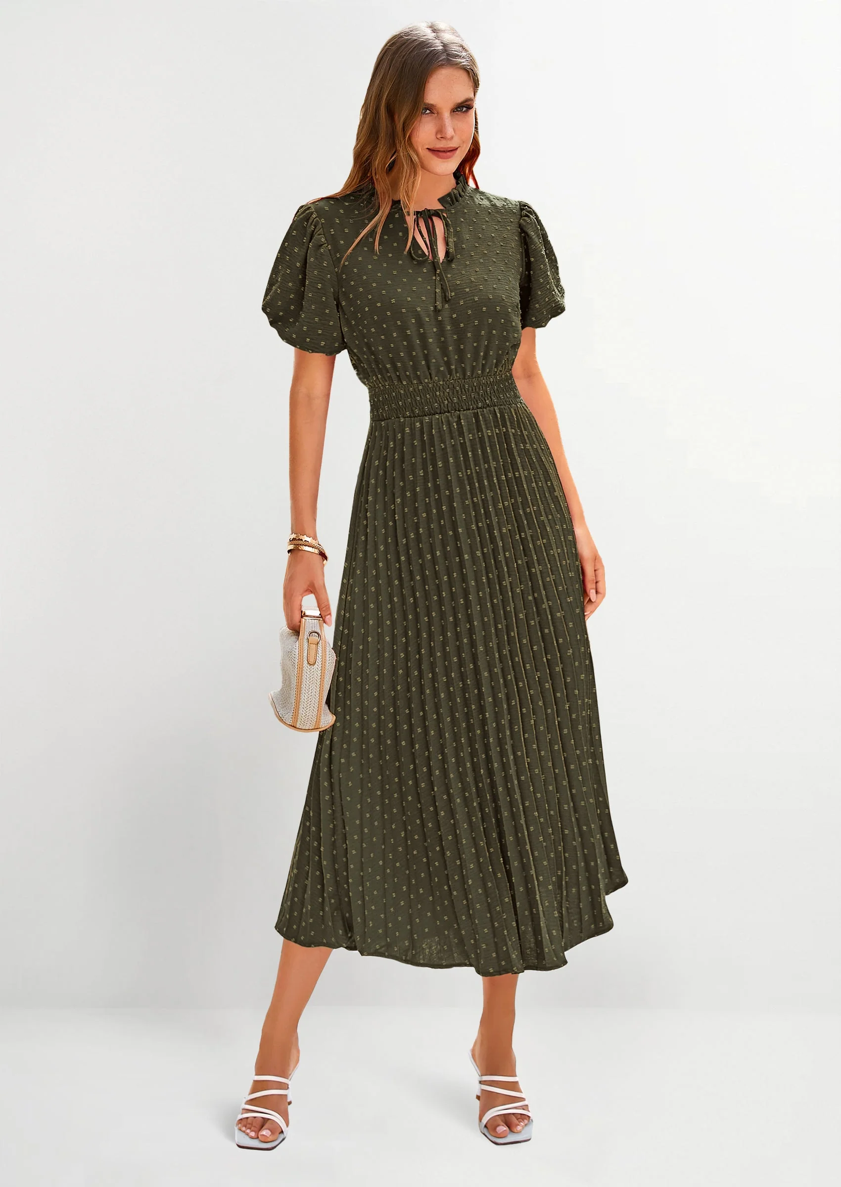 PRETTYGARDEN Womens Midi Dresses Puff Short Sleeve V Neck Swiss Dot Pleated A Line Flowy Long Wedding Guest Dress - Image 20