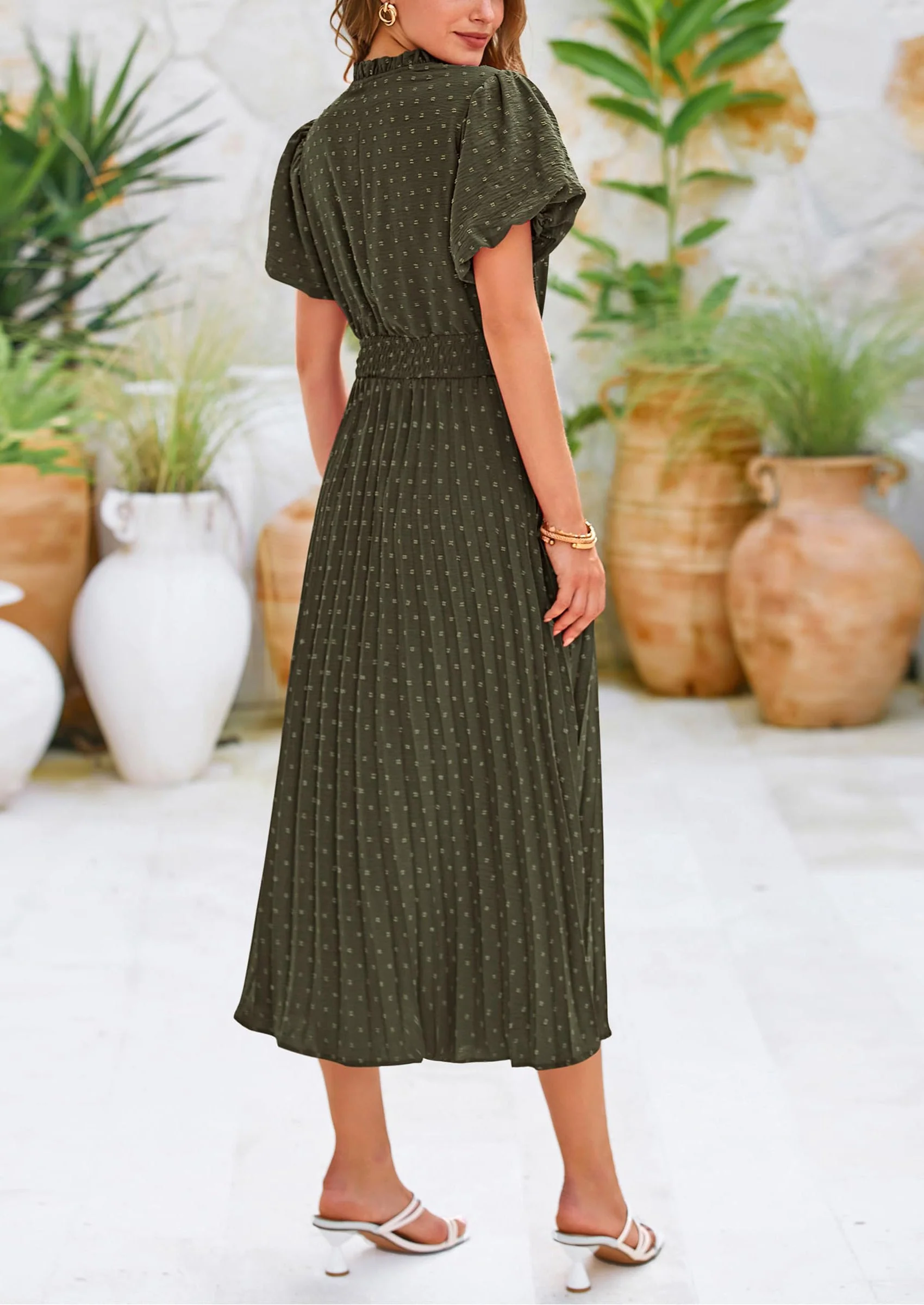 PRETTYGARDEN Womens Midi Dresses Puff Short Sleeve V Neck Swiss Dot Pleated A Line Flowy Long Wedding Guest Dress - Image 21