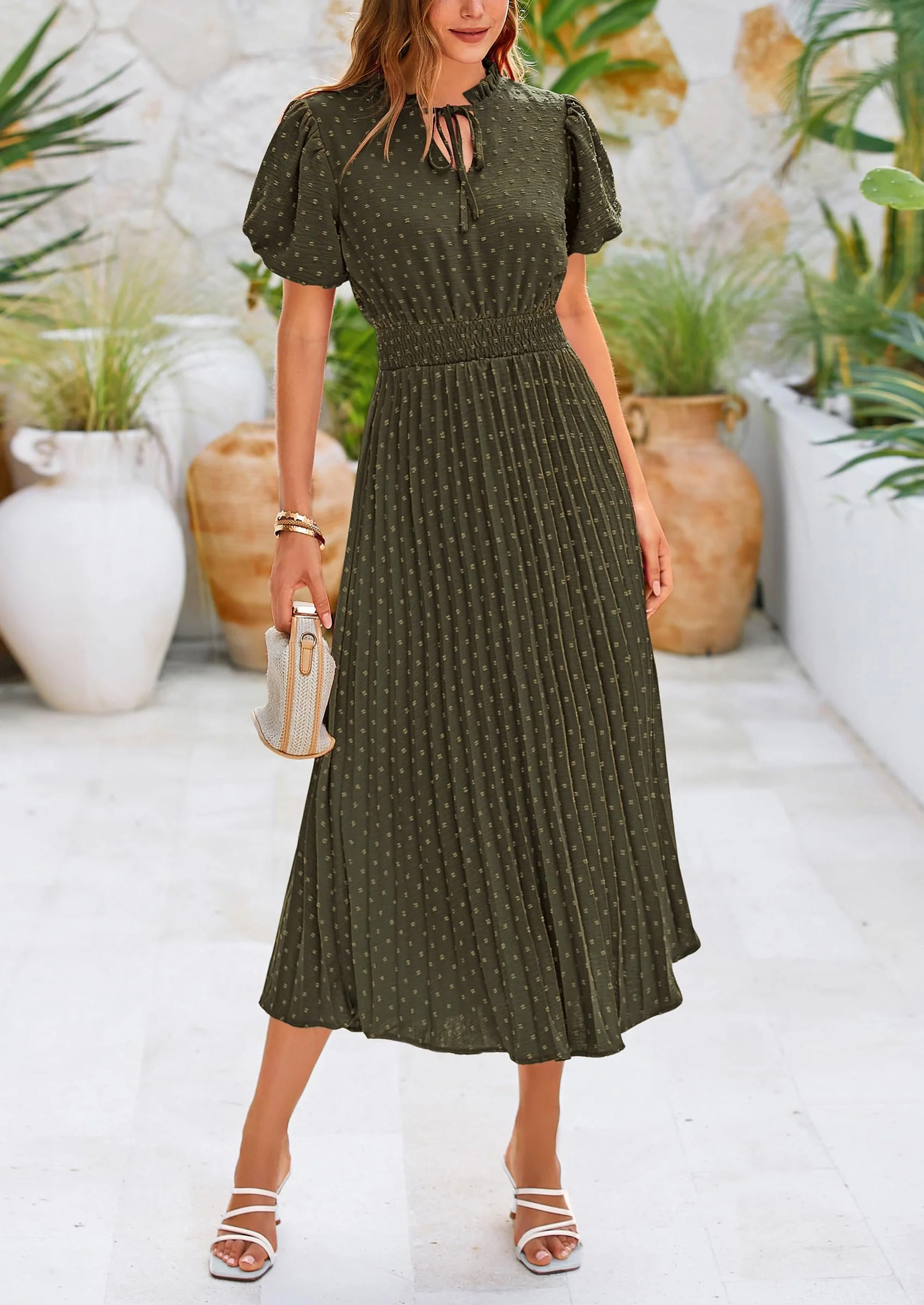 PRETTYGARDEN Womens Midi Dresses Puff Short Sleeve V Neck Swiss Dot Pleated A Line Flowy Long Wedding Guest Dress - Image 22