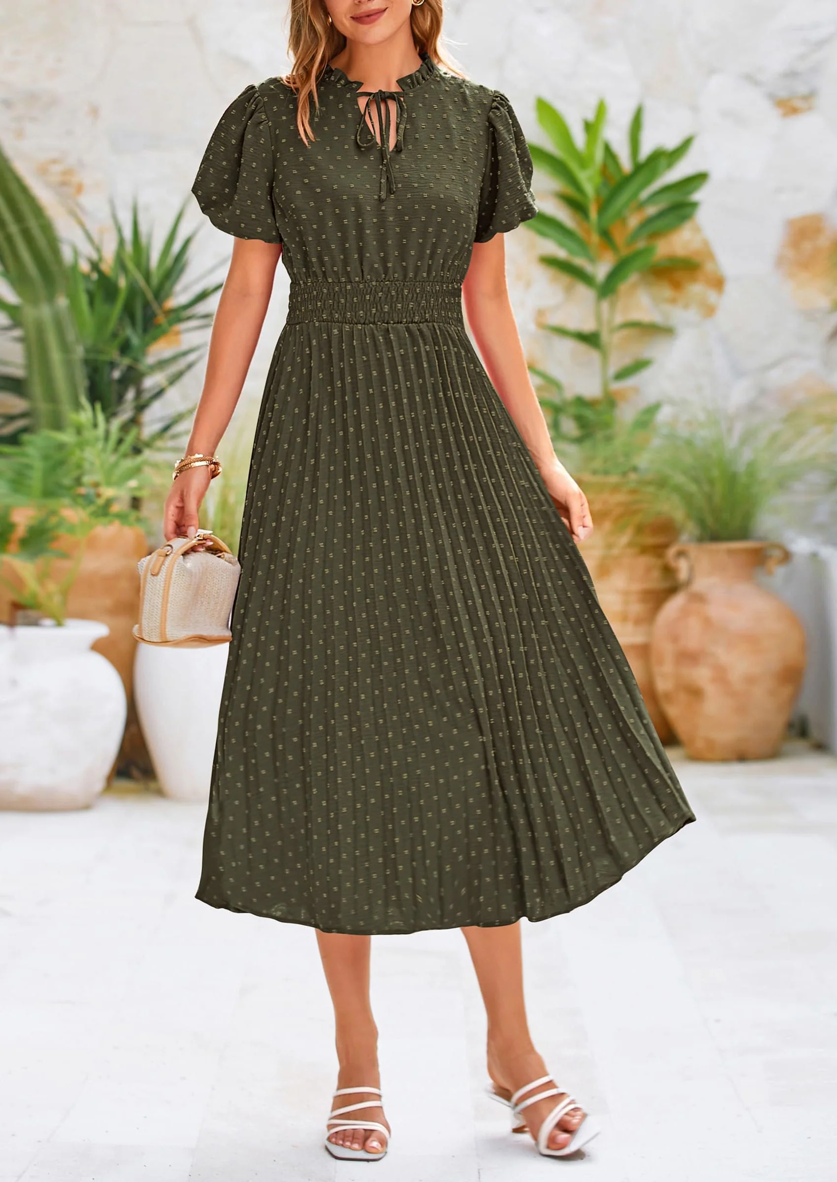 PRETTYGARDEN Womens Midi Dresses Puff Short Sleeve V Neck Swiss Dot Pleated A Line Flowy Long Wedding Guest Dress - Image 23