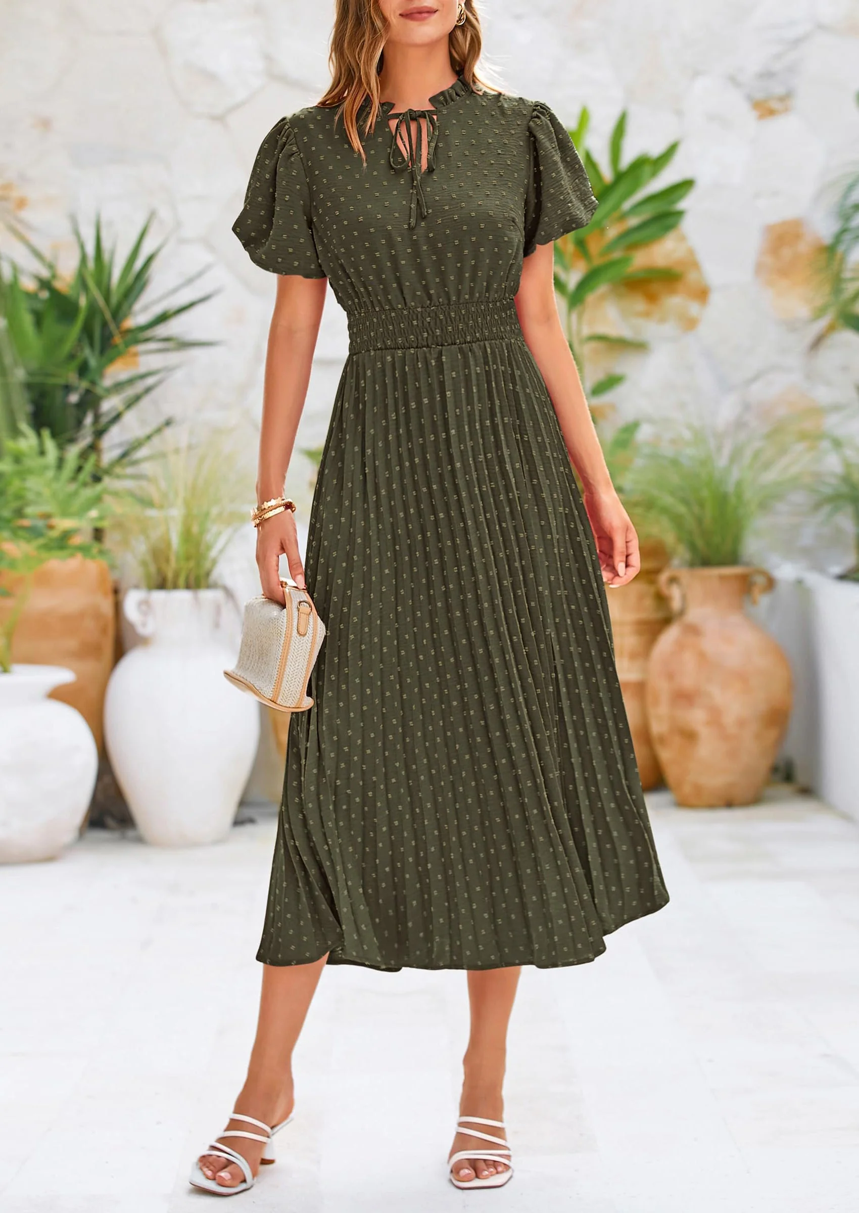 PRETTYGARDEN Womens Midi Dresses Puff Short Sleeve V Neck Swiss Dot Pleated A Line Flowy Long Wedding Guest Dress - Image 25