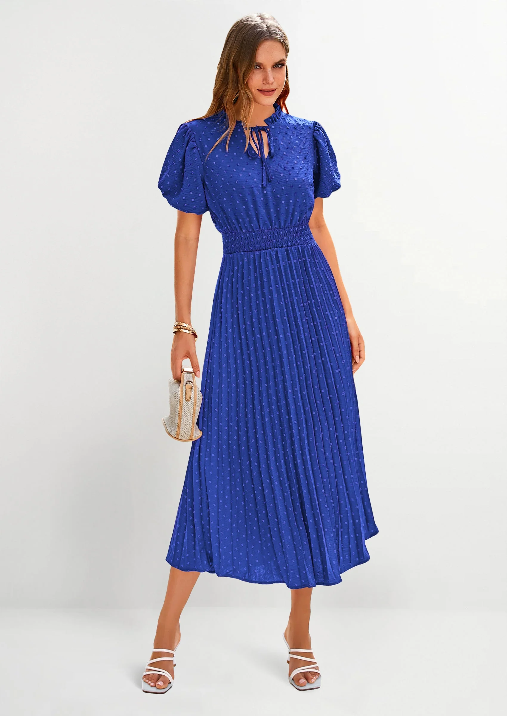 PRETTYGARDEN Womens Midi Dresses Puff Short Sleeve V Neck Swiss Dot Pleated A Line Flowy Long Wedding Guest Dress - Image 26