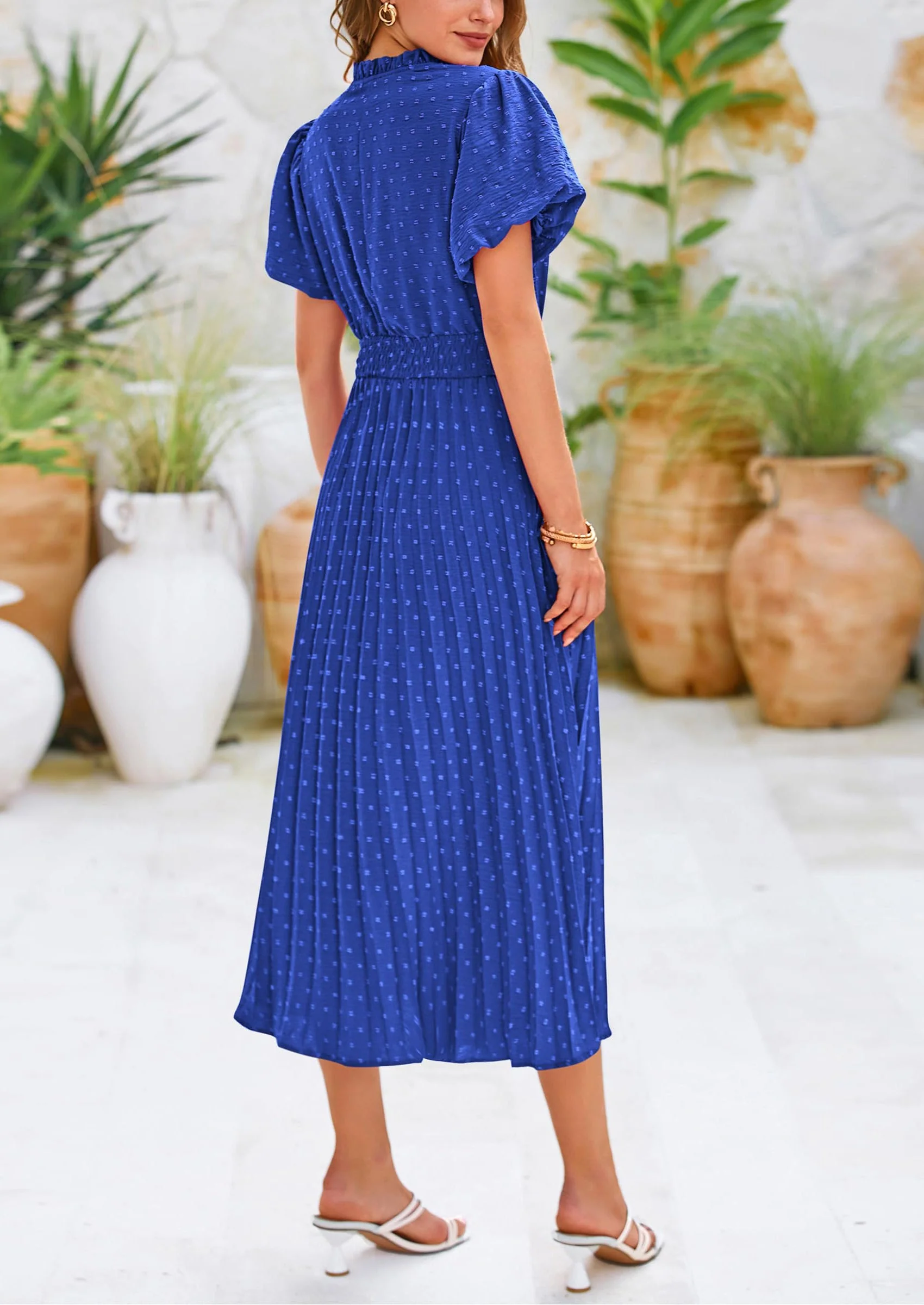 PRETTYGARDEN Womens Midi Dresses Puff Short Sleeve V Neck Swiss Dot Pleated A Line Flowy Long Wedding Guest Dress - Image 27