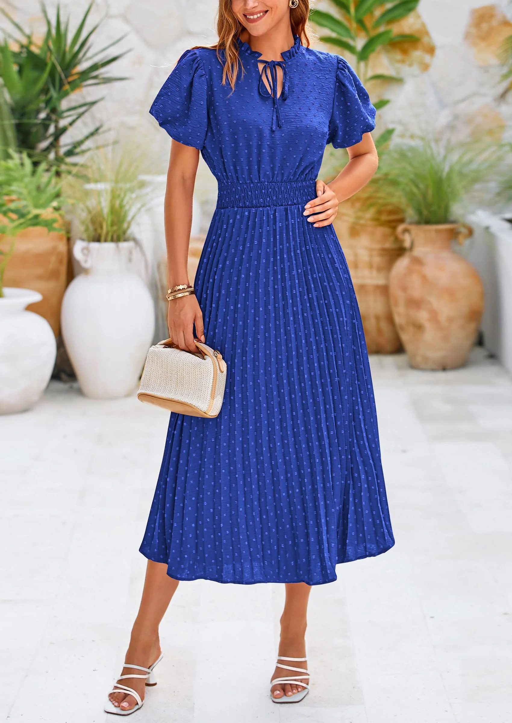 PRETTYGARDEN Womens Midi Dresses Puff Short Sleeve V Neck Swiss Dot Pleated A Line Flowy Long Wedding Guest Dress - Image 29