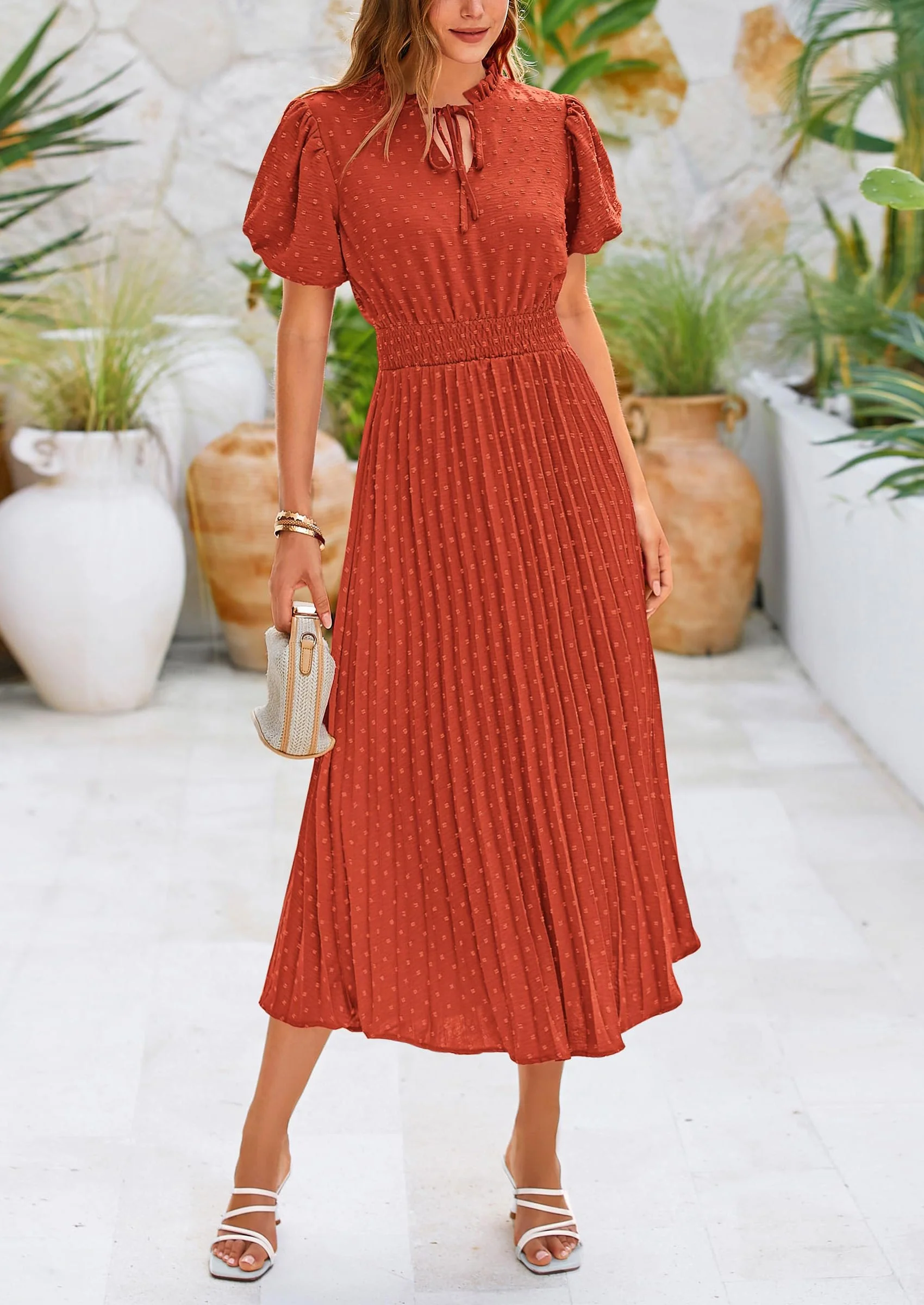 PRETTYGARDEN Womens Midi Dresses Puff Short Sleeve V Neck Swiss Dot Pleated A Line Flowy Long Wedding Guest Dress - Image 3