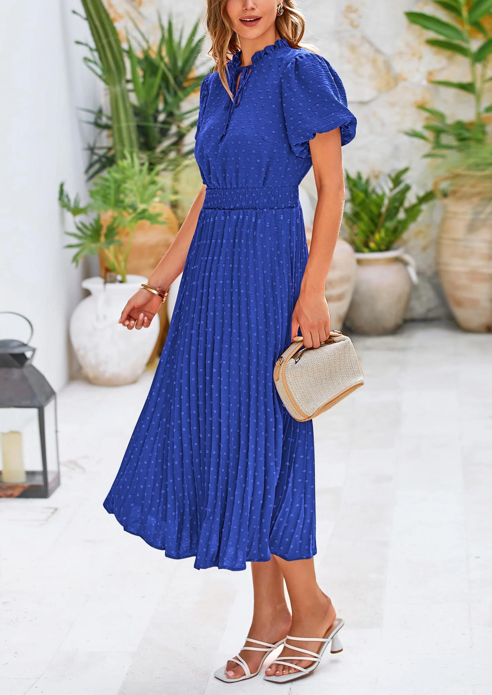 PRETTYGARDEN Womens Midi Dresses Puff Short Sleeve V Neck Swiss Dot Pleated A Line Flowy Long Wedding Guest Dress - Image 30