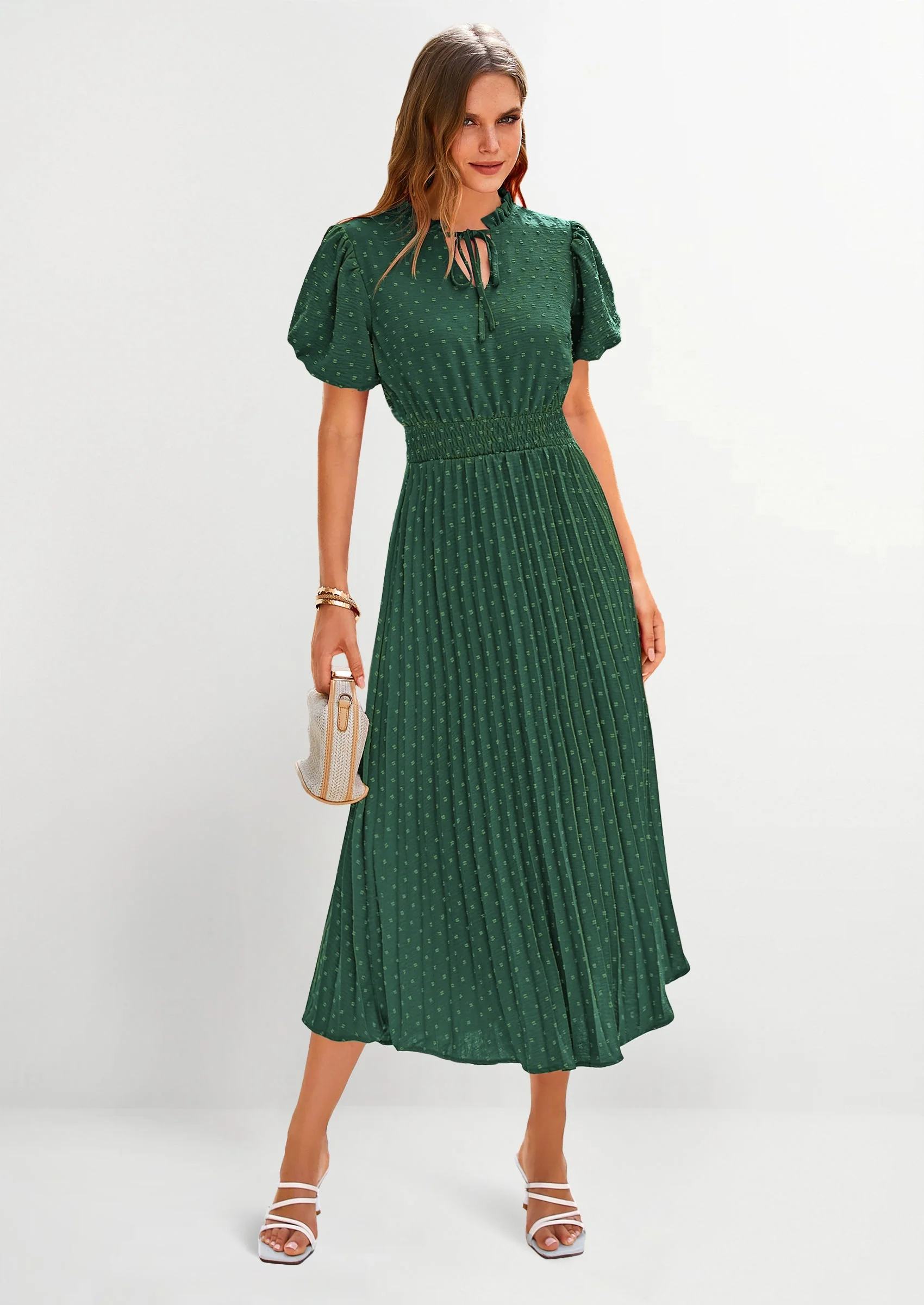 PRETTYGARDEN Womens Midi Dresses Puff Short Sleeve V Neck Swiss Dot Pleated A Line Flowy Long Wedding Guest Dress - Image 32