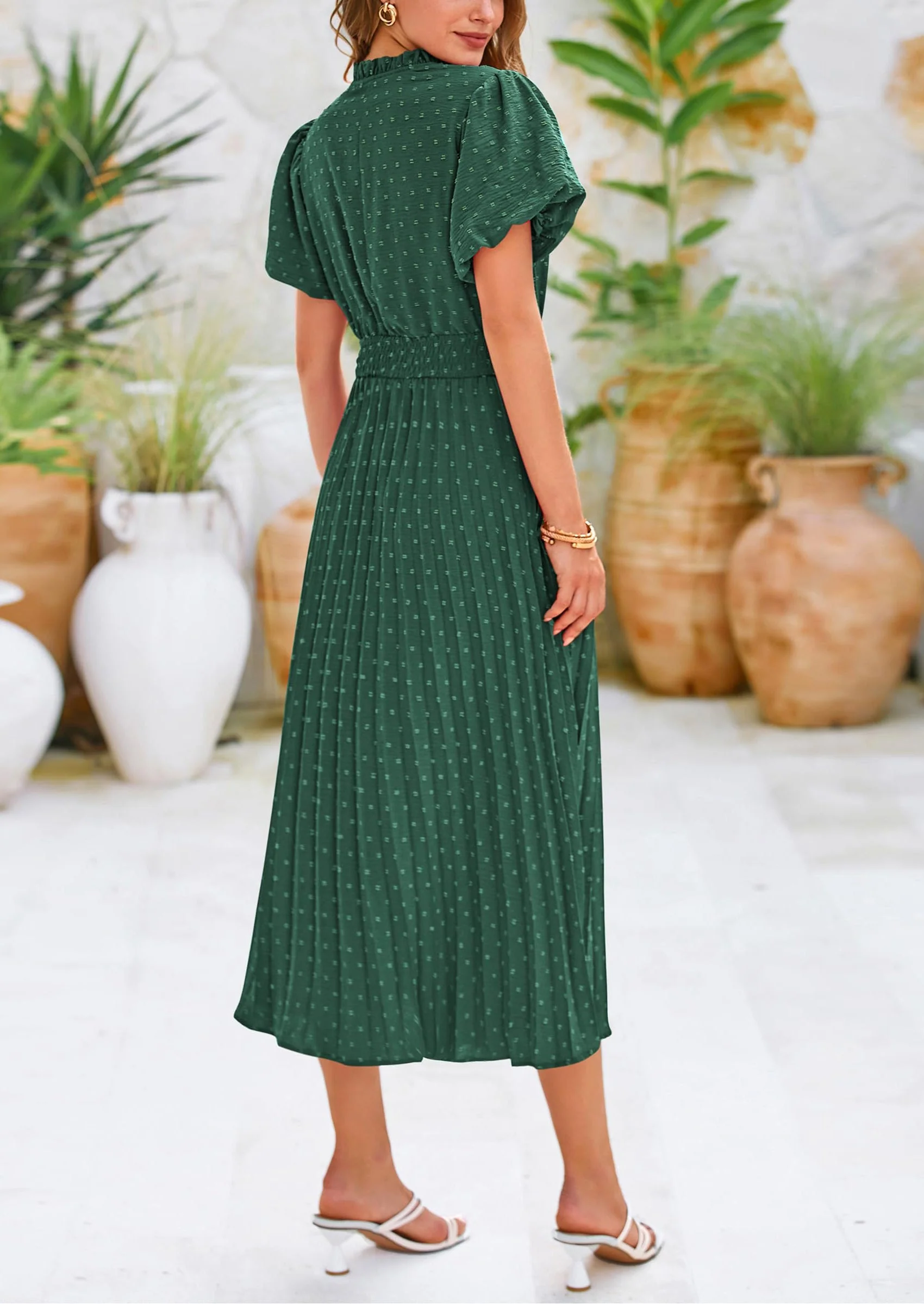 PRETTYGARDEN Womens Midi Dresses Puff Short Sleeve V Neck Swiss Dot Pleated A Line Flowy Long Wedding Guest Dress - Image 33