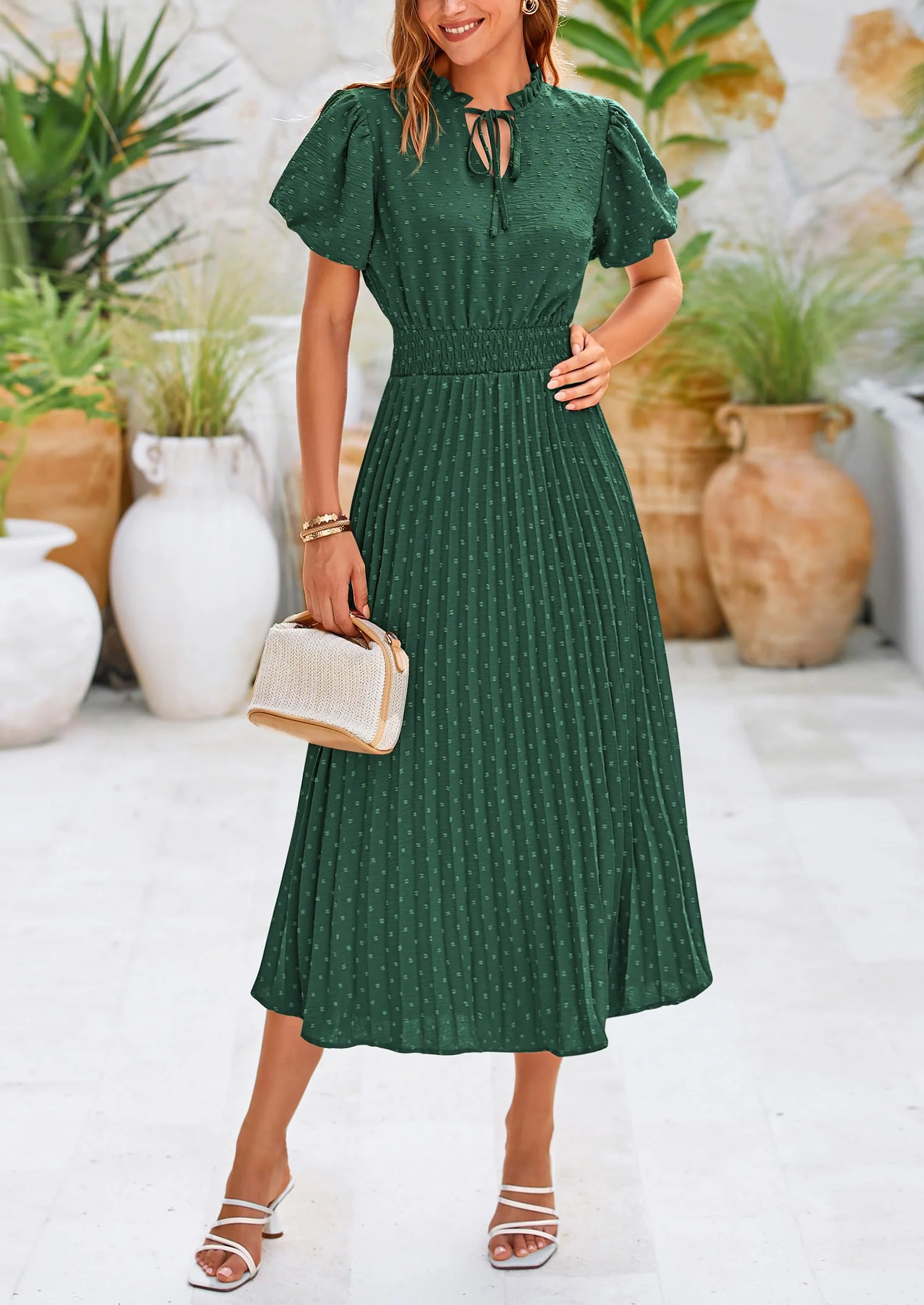 PRETTYGARDEN Womens Midi Dresses Puff Short Sleeve V Neck Swiss Dot Pleated A Line Flowy Long Wedding Guest Dress - Image 35