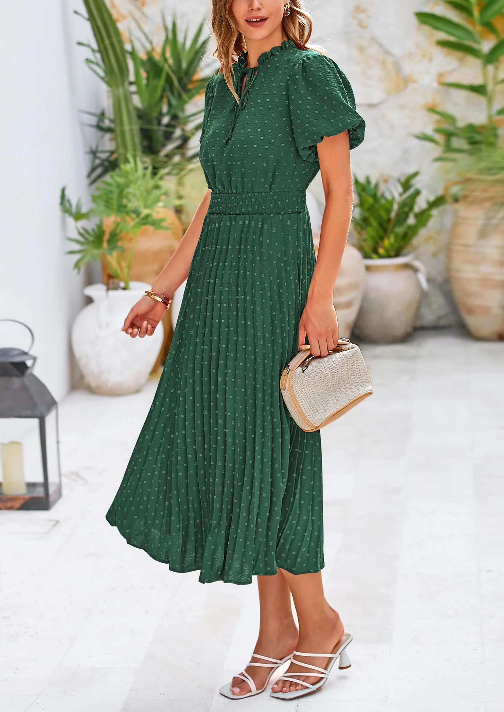 PRETTYGARDEN Womens Midi Dresses Puff Short Sleeve V Neck Swiss Dot Pleated A Line Flowy Long Wedding Guest Dress - Image 36