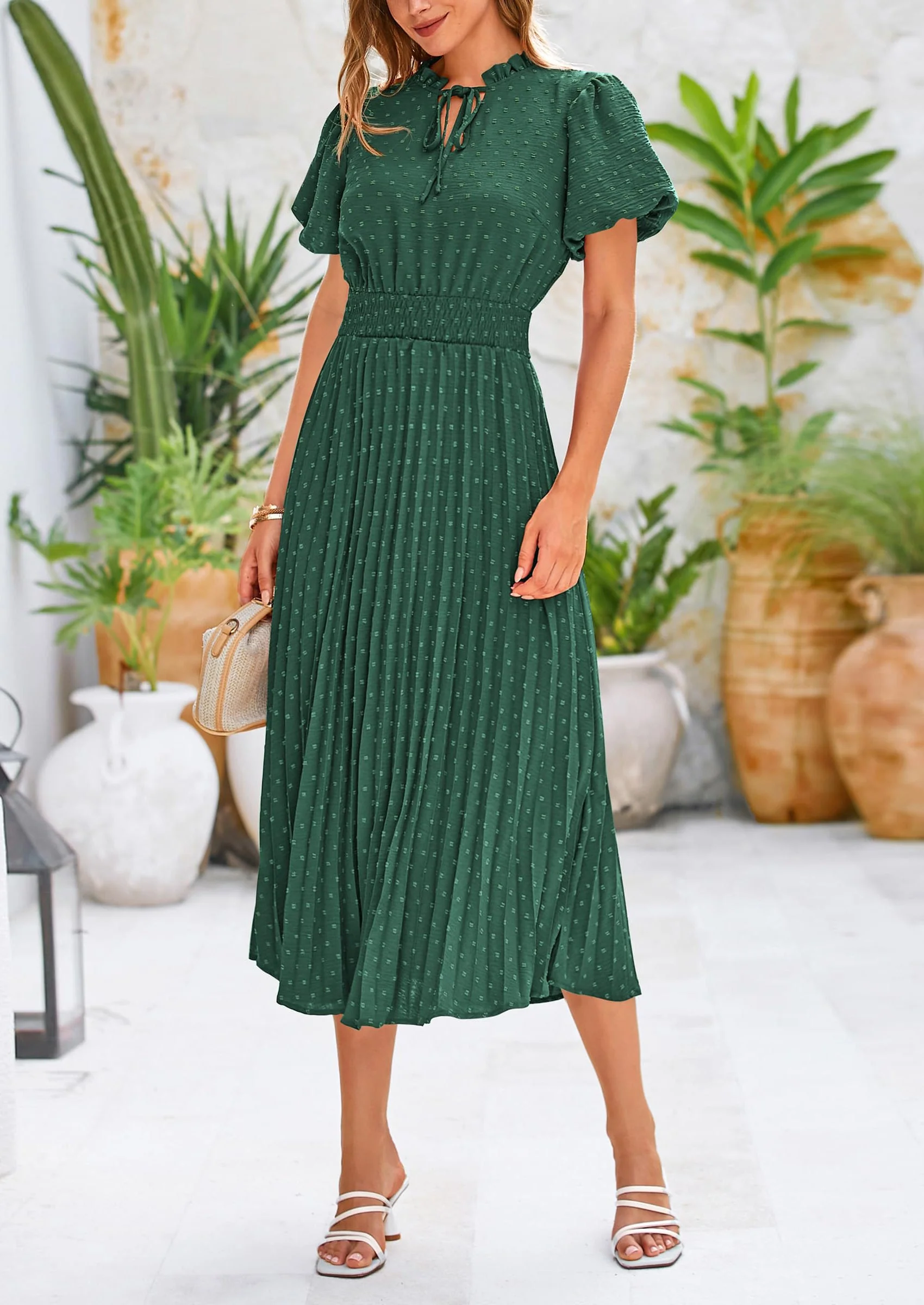 PRETTYGARDEN Womens Midi Dresses Puff Short Sleeve V Neck Swiss Dot Pleated A Line Flowy Long Wedding Guest Dress - Image 37