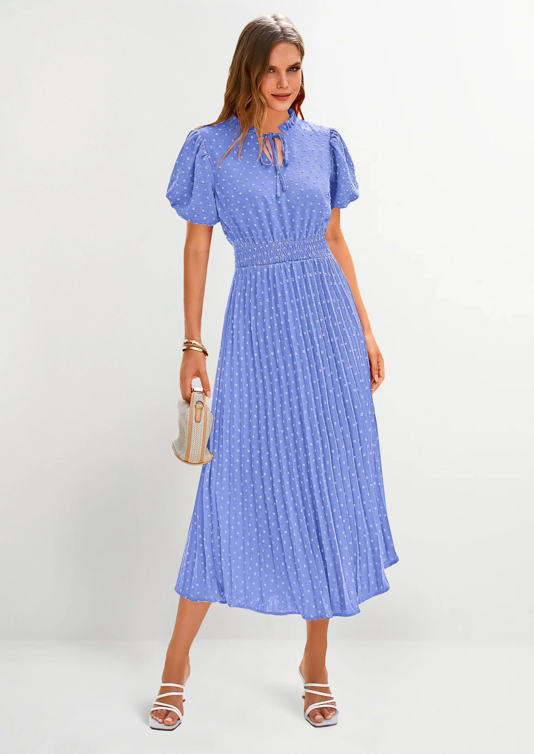 PRETTYGARDEN Womens Midi Dresses Puff Short Sleeve V Neck Swiss Dot Pleated A Line Flowy Long Wedding Guest Dress - Image 38