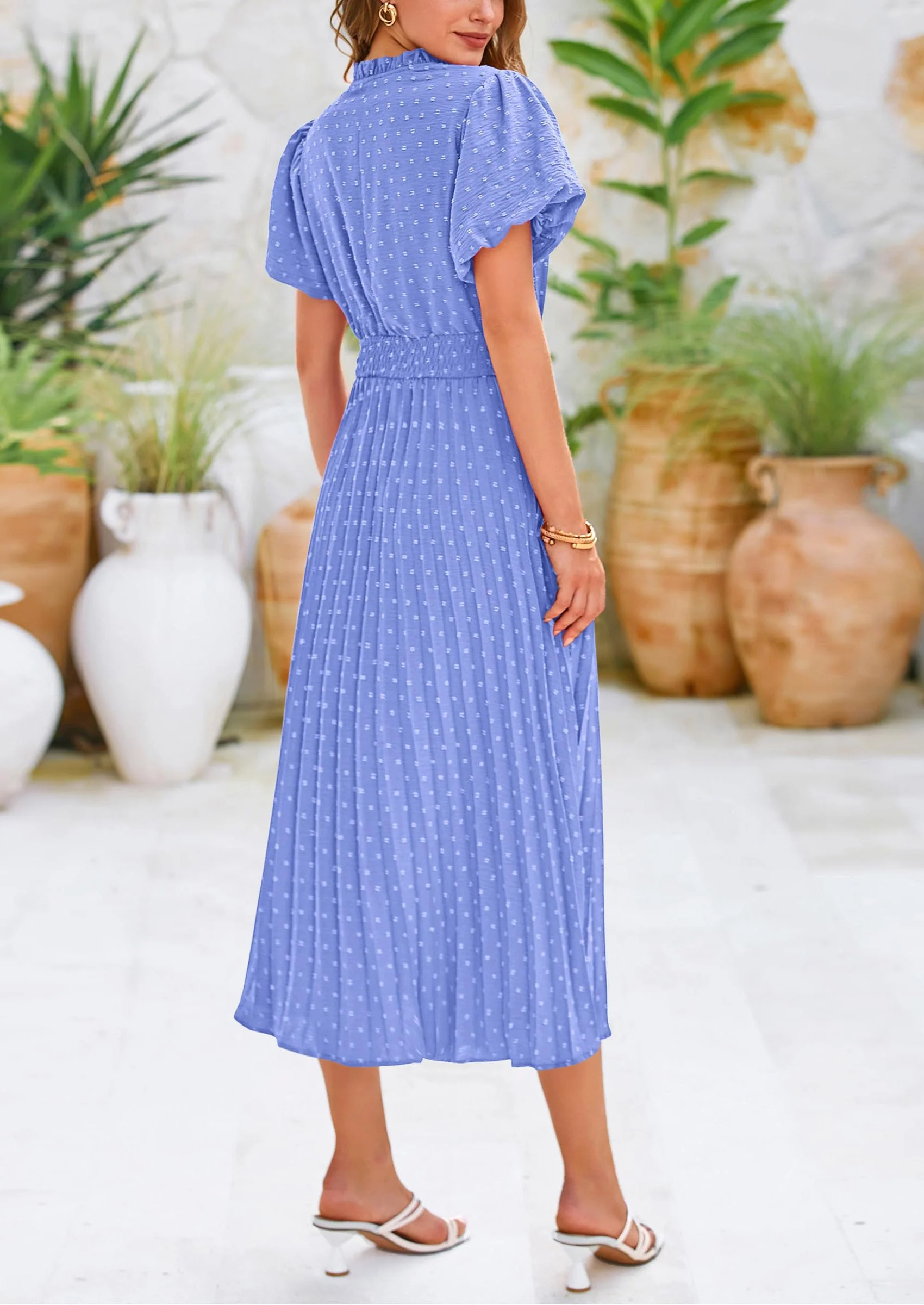 PRETTYGARDEN Womens Midi Dresses Puff Short Sleeve V Neck Swiss Dot Pleated A Line Flowy Long Wedding Guest Dress - Image 39