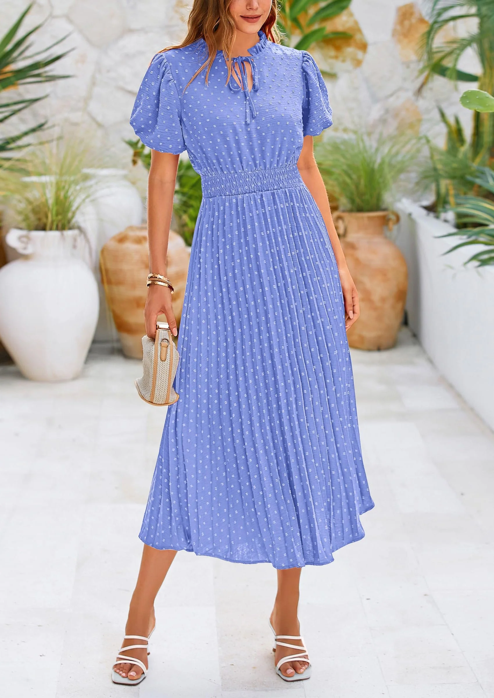 PRETTYGARDEN Womens Midi Dresses Puff Short Sleeve V Neck Swiss Dot Pleated A Line Flowy Long Wedding Guest Dress - Image 40