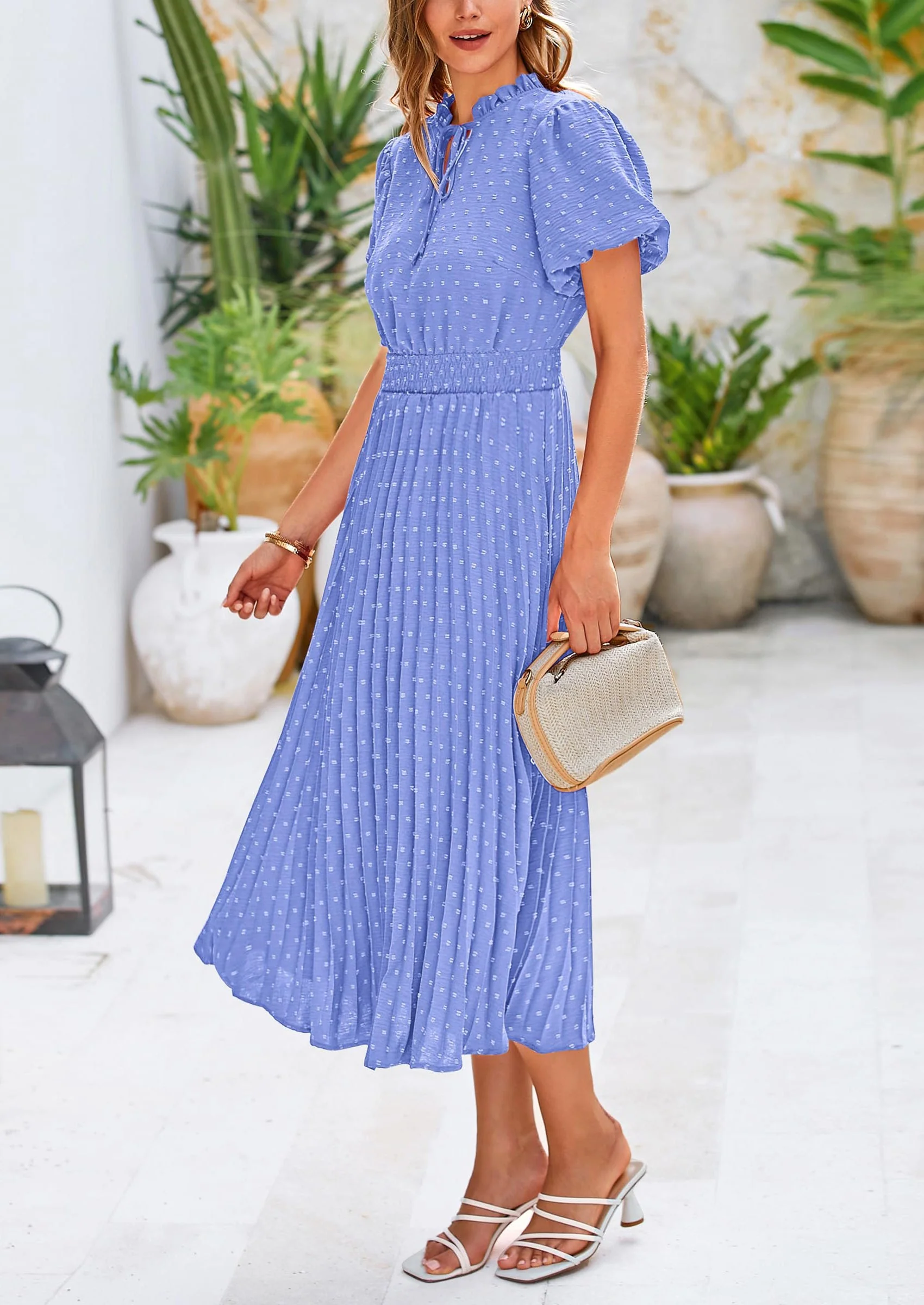 PRETTYGARDEN Womens Midi Dresses Puff Short Sleeve V Neck Swiss Dot Pleated A Line Flowy Long Wedding Guest Dress - Image 41