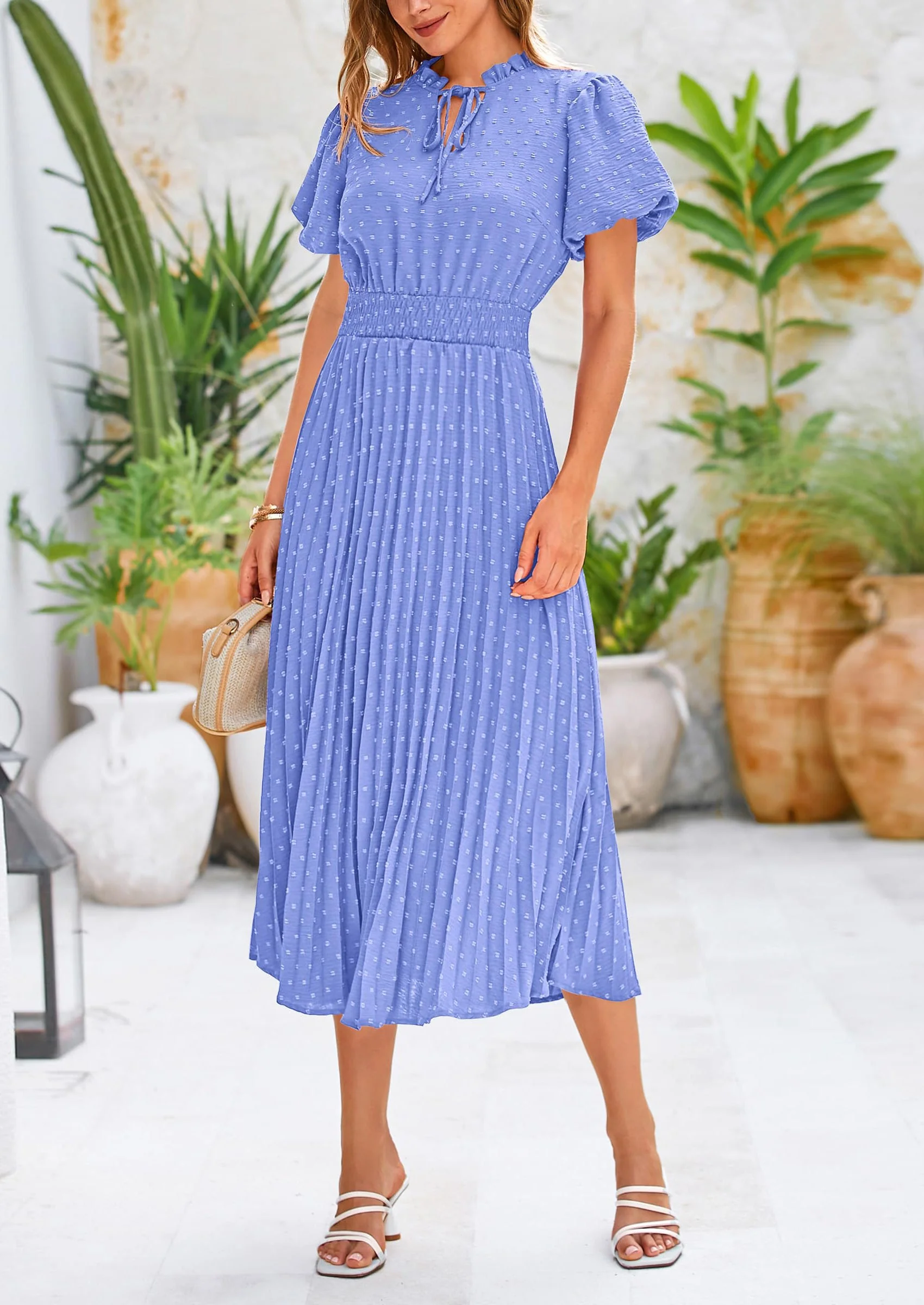 PRETTYGARDEN Womens Midi Dresses Puff Short Sleeve V Neck Swiss Dot Pleated A Line Flowy Long Wedding Guest Dress - Image 43