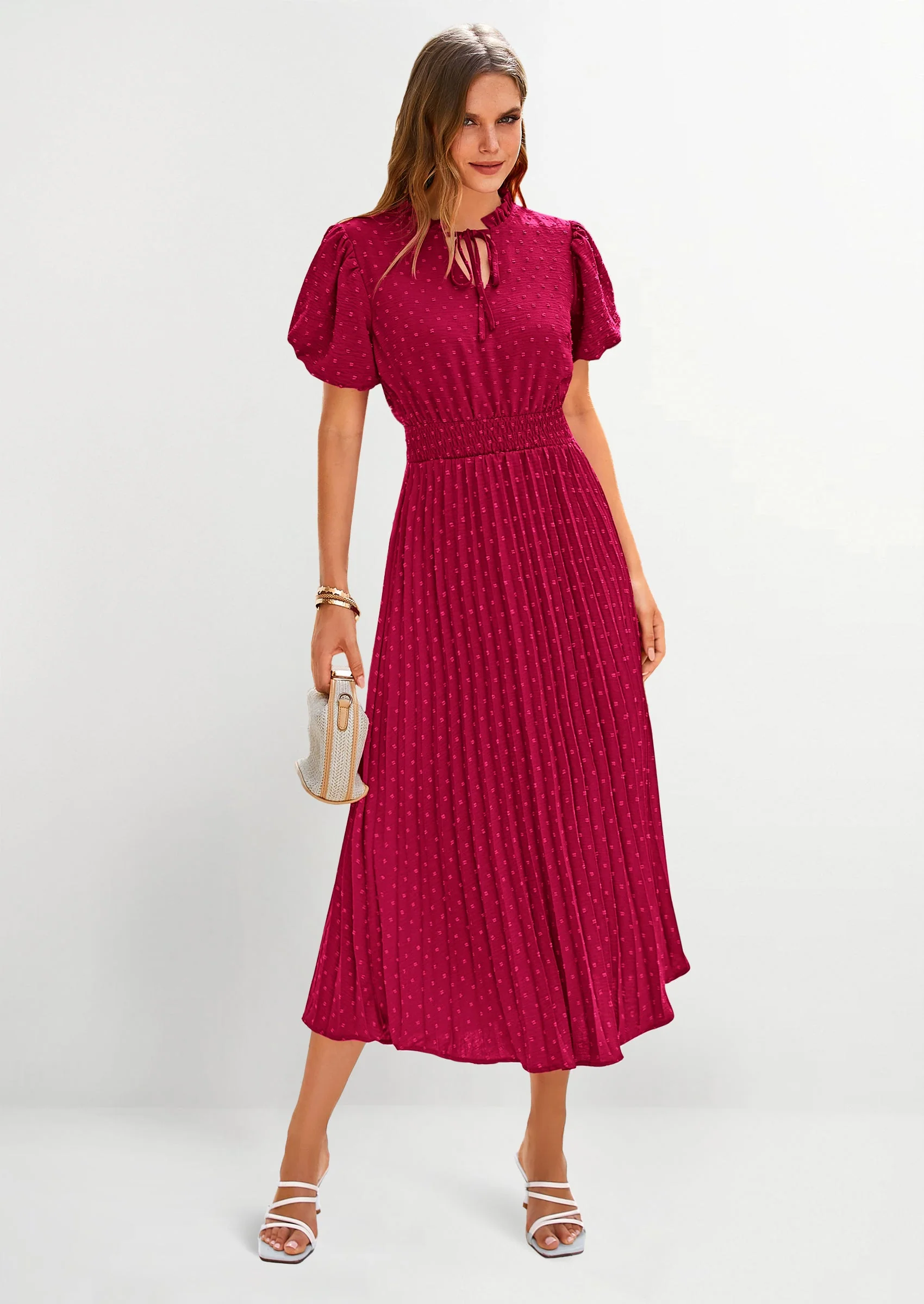 PRETTYGARDEN Womens Midi Dresses Puff Short Sleeve V Neck Swiss Dot Pleated A Line Flowy Long Wedding Guest Dress - Image 44