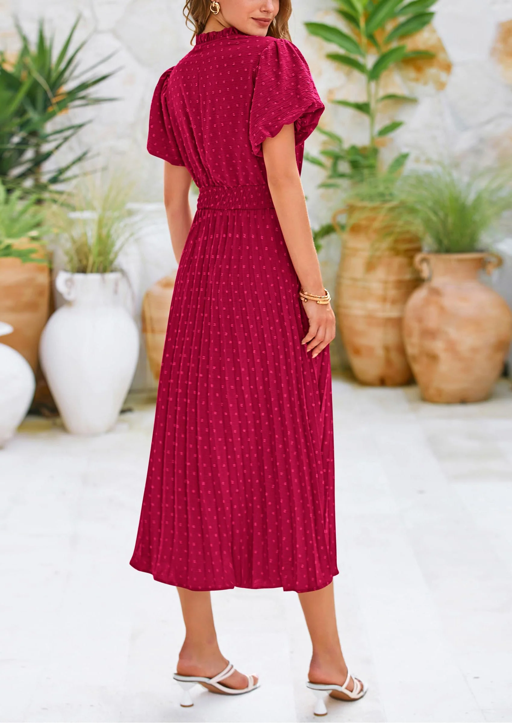 PRETTYGARDEN Womens Midi Dresses Puff Short Sleeve V Neck Swiss Dot Pleated A Line Flowy Long Wedding Guest Dress - Image 45