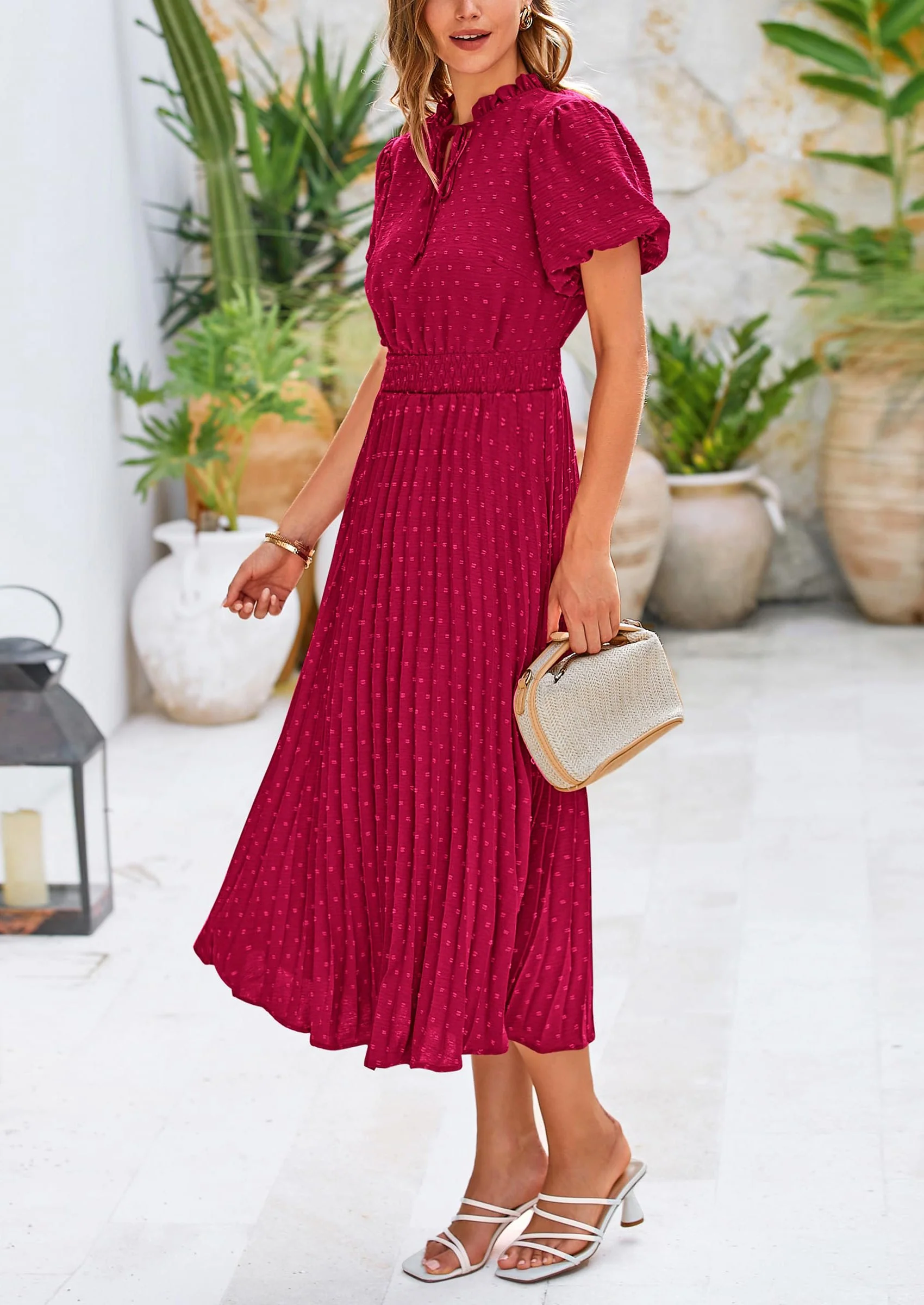 PRETTYGARDEN Womens Midi Dresses Puff Short Sleeve V Neck Swiss Dot Pleated A Line Flowy Long Wedding Guest Dress - Image 47