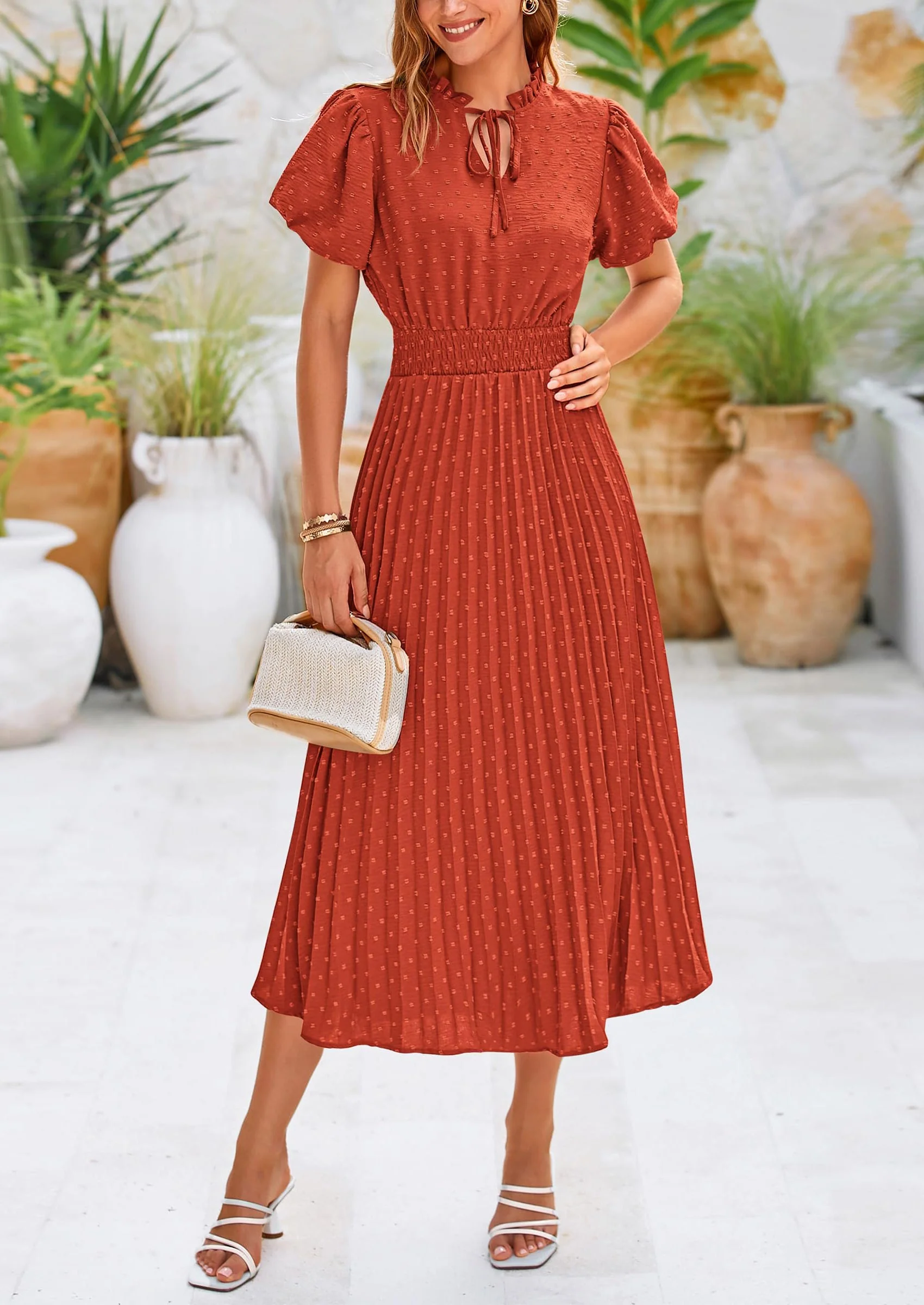 PRETTYGARDEN Womens Midi Dresses Puff Short Sleeve V Neck Swiss Dot Pleated A Line Flowy Long Wedding Guest Dress - Image 5