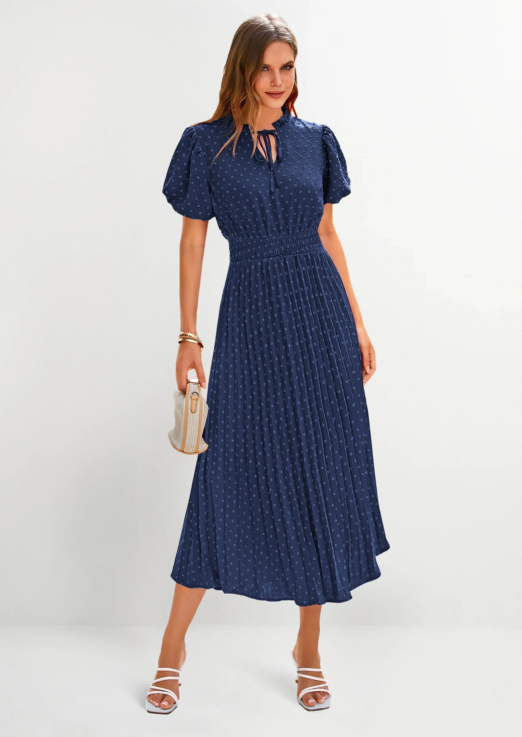 PRETTYGARDEN Womens Midi Dresses Puff Short Sleeve V Neck Swiss Dot Pleated A Line Flowy Long Wedding Guest Dress - Image 8