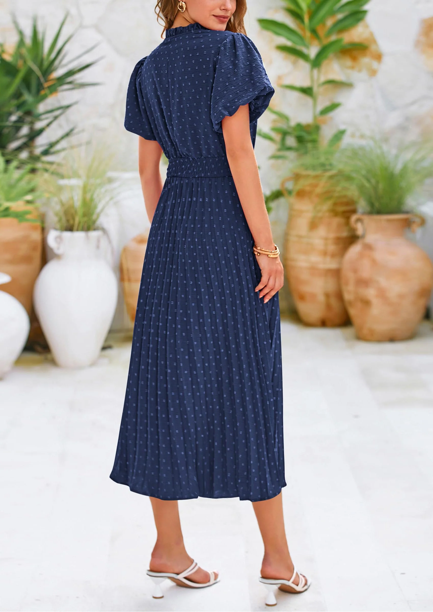 PRETTYGARDEN Womens Midi Dresses Puff Short Sleeve V Neck Swiss Dot Pleated A Line Flowy Long Wedding Guest Dress - Image 9