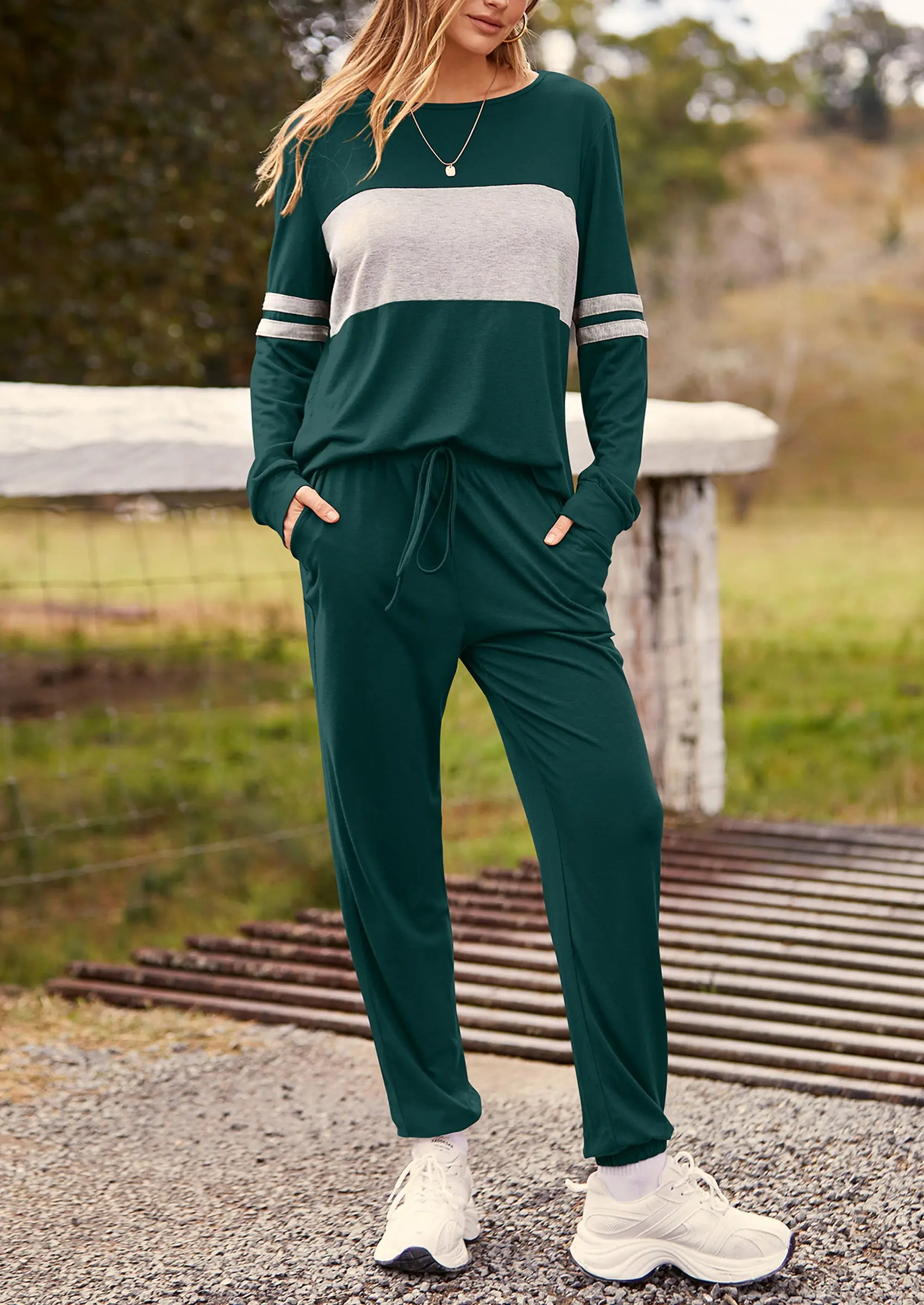 PRETTYGARDEN Women's Color Block 2 Piece Spring Tracksuit Crewneck Long Sleeve Tops Long Sweatpants Outfits Lounge Sets - Image 11