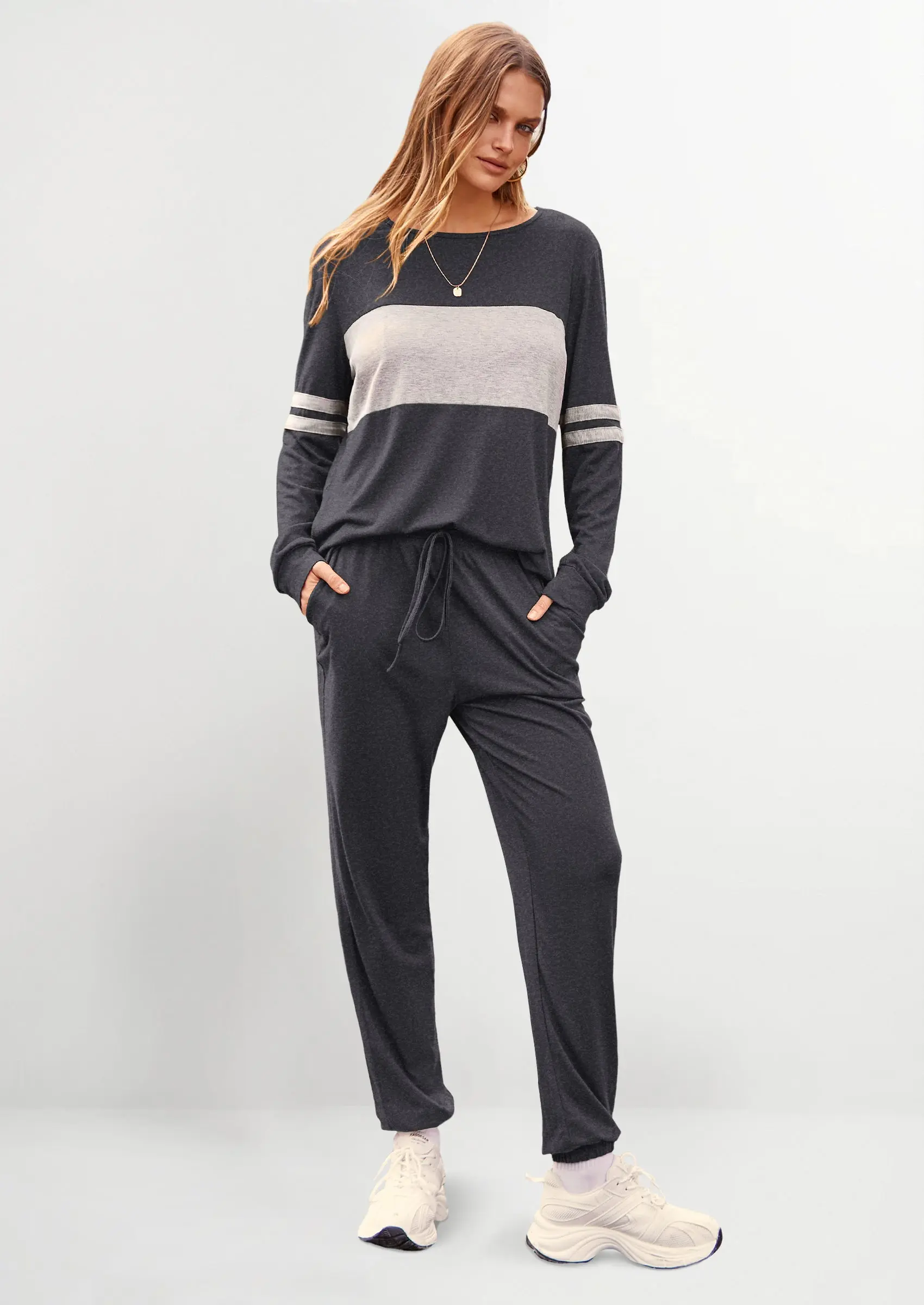 PRETTYGARDEN Women's Color Block 2 Piece Spring Tracksuit Crewneck Long Sleeve Tops Long Sweatpants Outfits Lounge Sets - Image 23