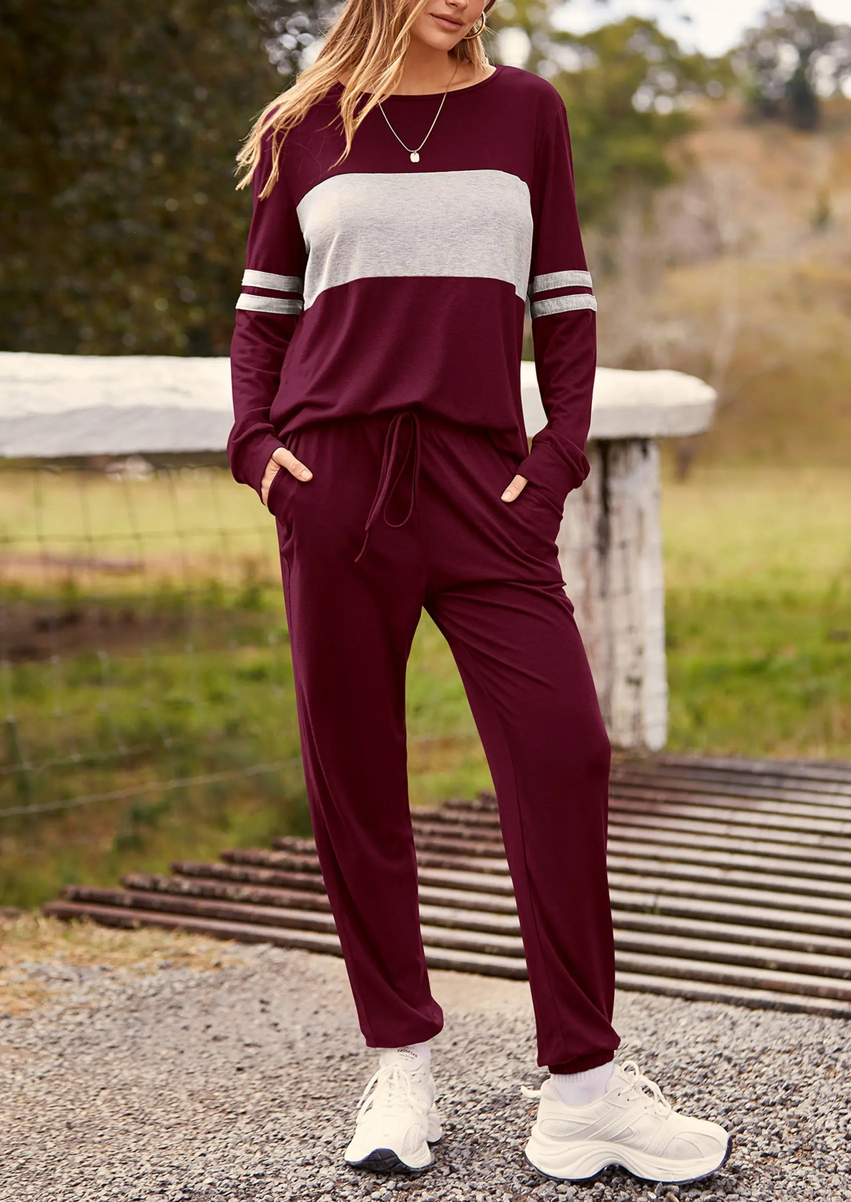 PRETTYGARDEN Women's Color Block 2 Piece Spring Tracksuit Crewneck Long Sleeve Tops Long Sweatpants Outfits Lounge Sets - Image 3