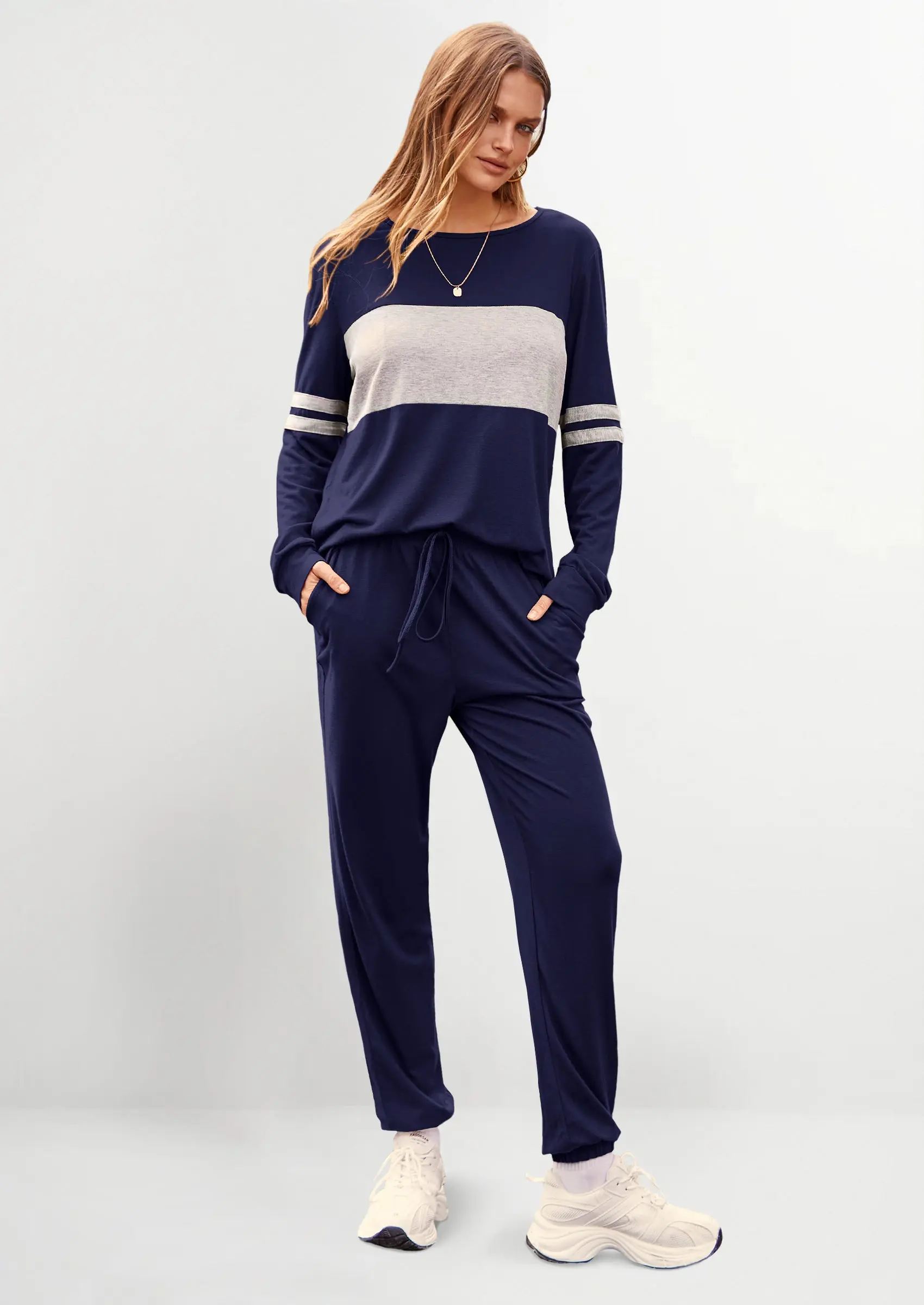 PRETTYGARDEN Women's Color Block 2 Piece Spring Tracksuit Crewneck Long Sleeve Tops Long Sweatpants Outfits Lounge Sets - Image 37