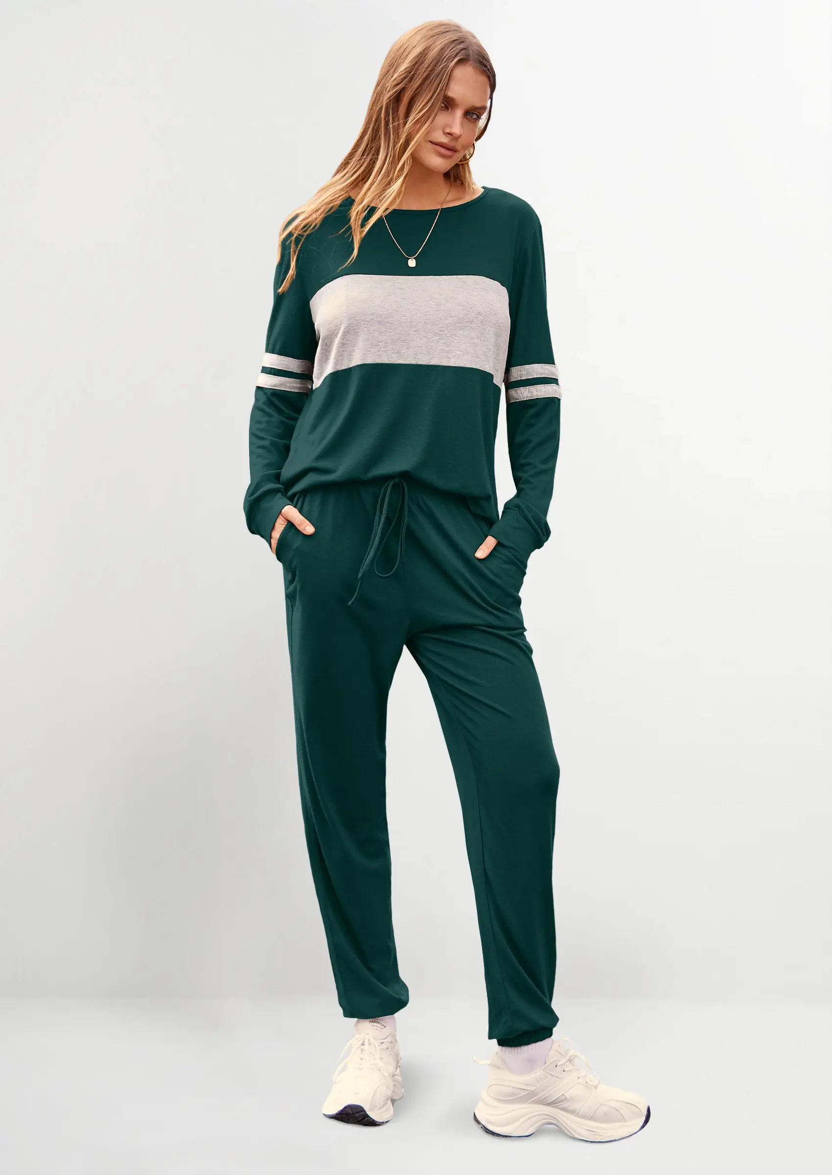 PRETTYGARDEN Women's Color Block 2 Piece Spring Tracksuit Crewneck Long Sleeve Tops Long Sweatpants Outfits Lounge Sets - Image 9