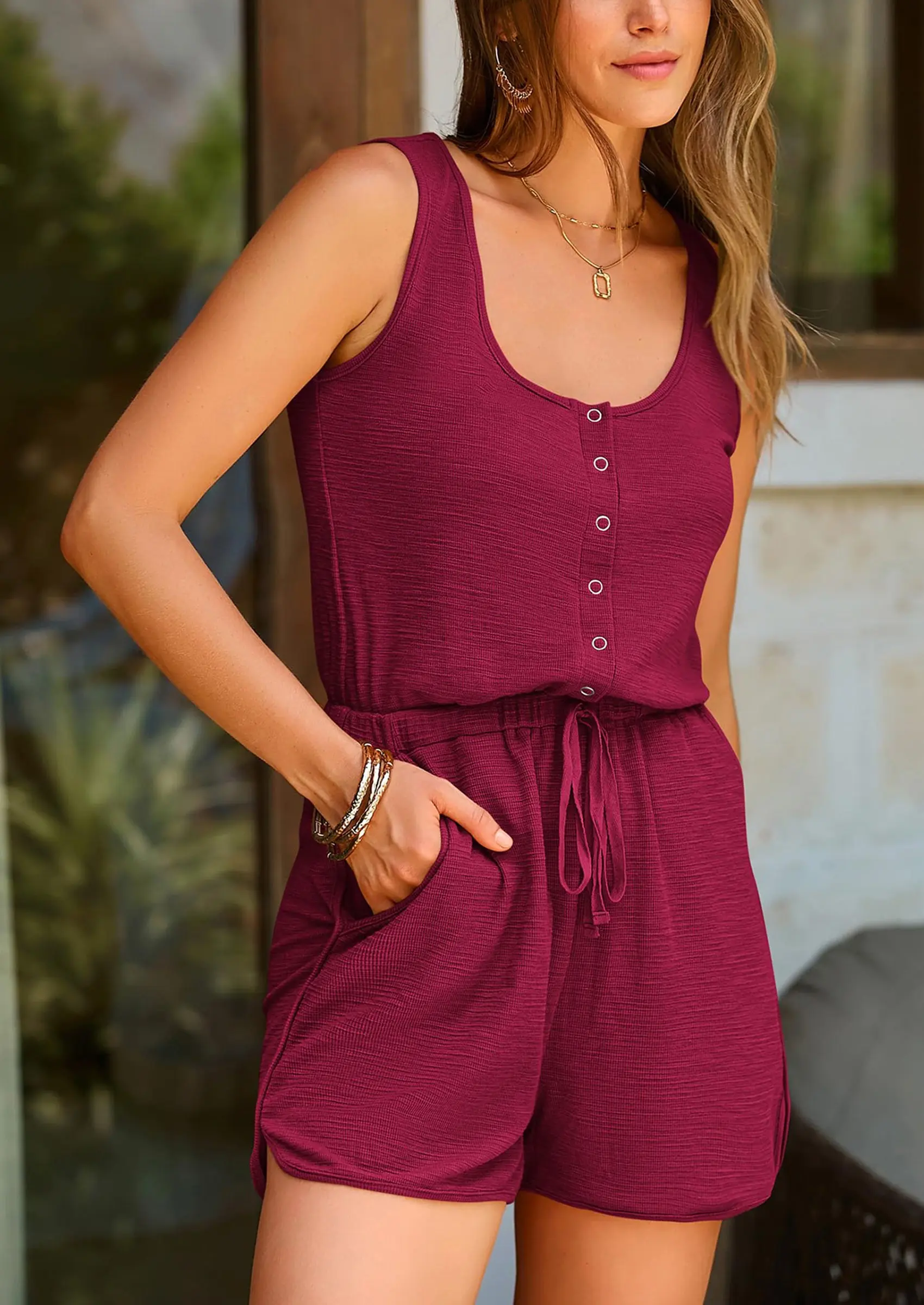 PRETTYGARDEN Casual Shorts Jumpsuit Plain Scoop Neck Button Down Sleeveless Tank Top Rompers - Image 48