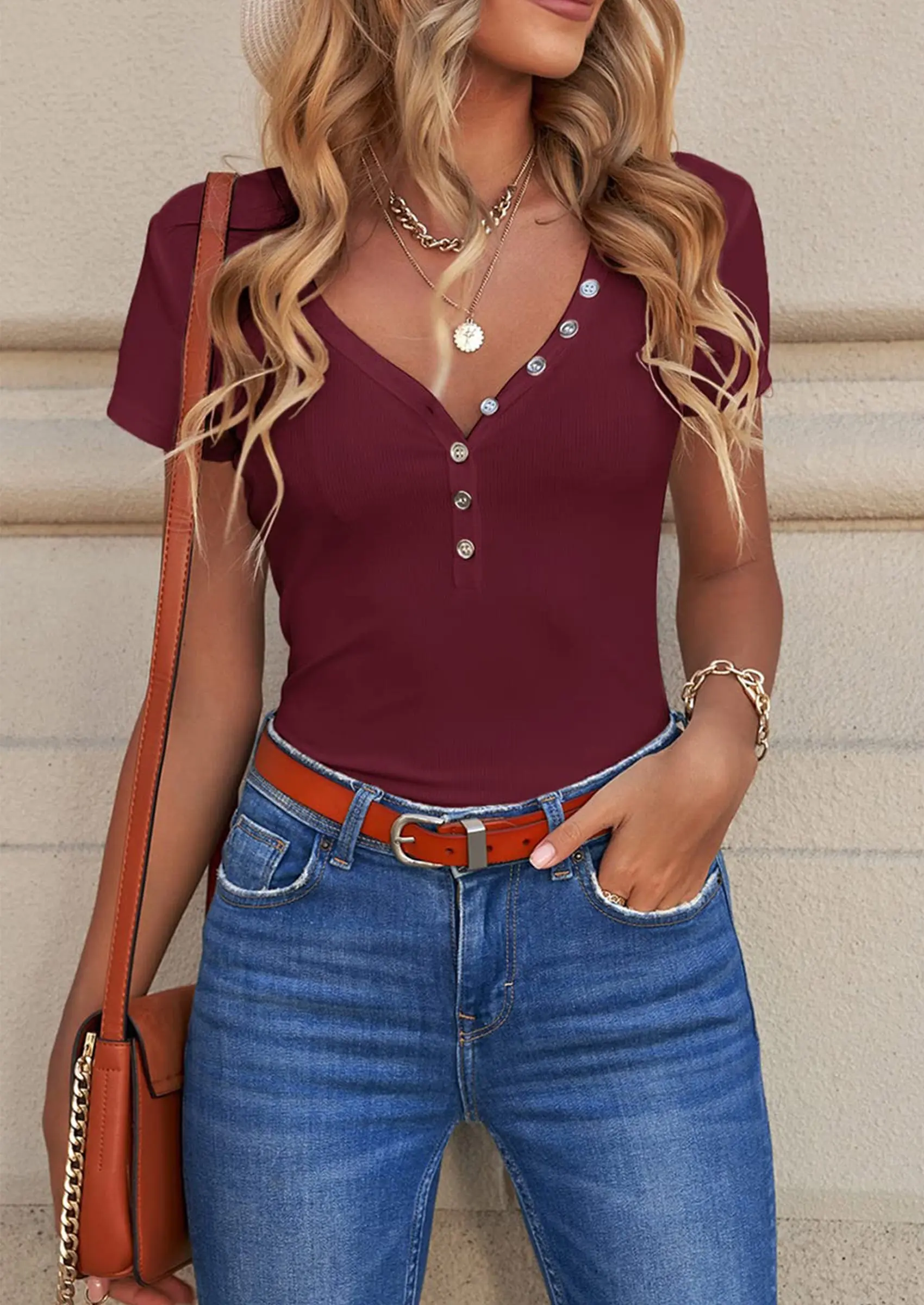 PRETTYGARDEN Women's Summer Casual Henley T-Shirts Short Sleeve V Neck Button Up Ribbed Knit Slim Fit Basic Tops - Image 23