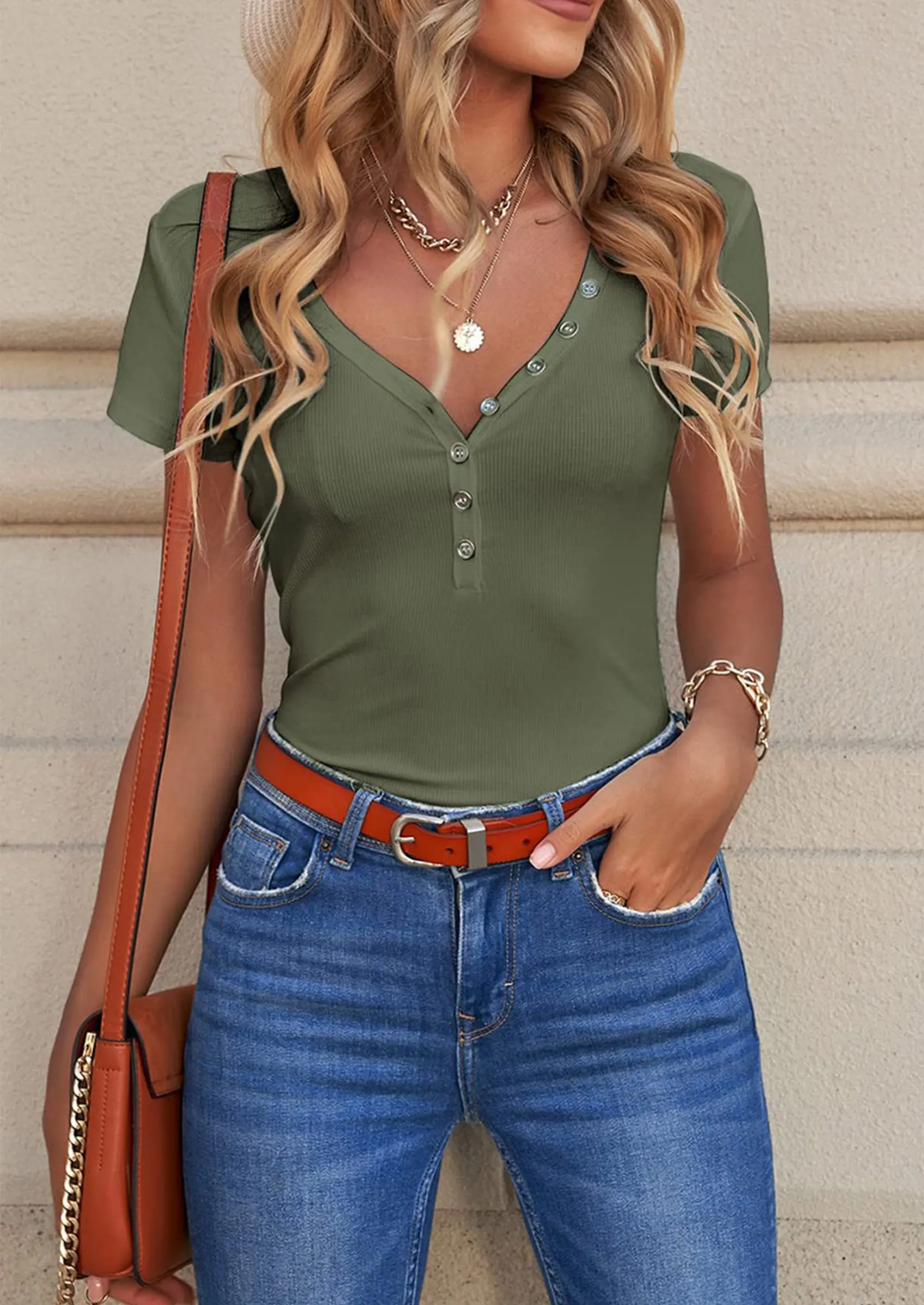 PRETTYGARDEN Women's Summer Casual Henley T-Shirts Short Sleeve V Neck Button Up Ribbed Knit Slim Fit Basic Tops - Image 3