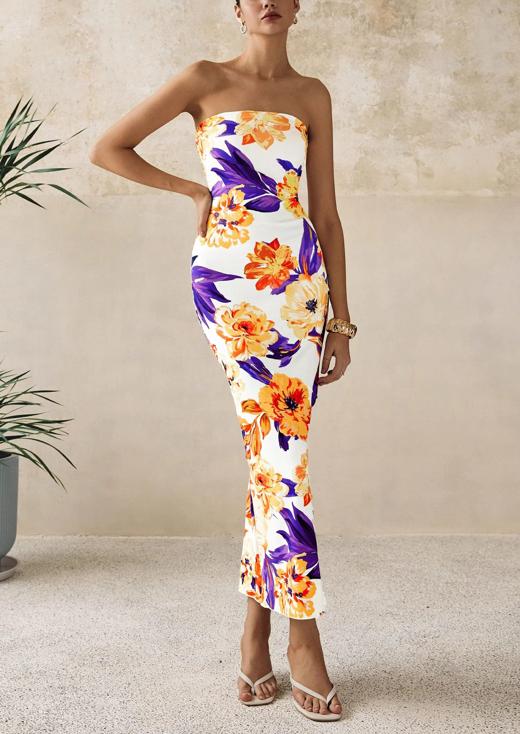 PRETTYGARDEN Women's Floral Bodycon Maxi Dresses Ribbed Strapless Tube Casual Boho Party Long Dress - Image 15