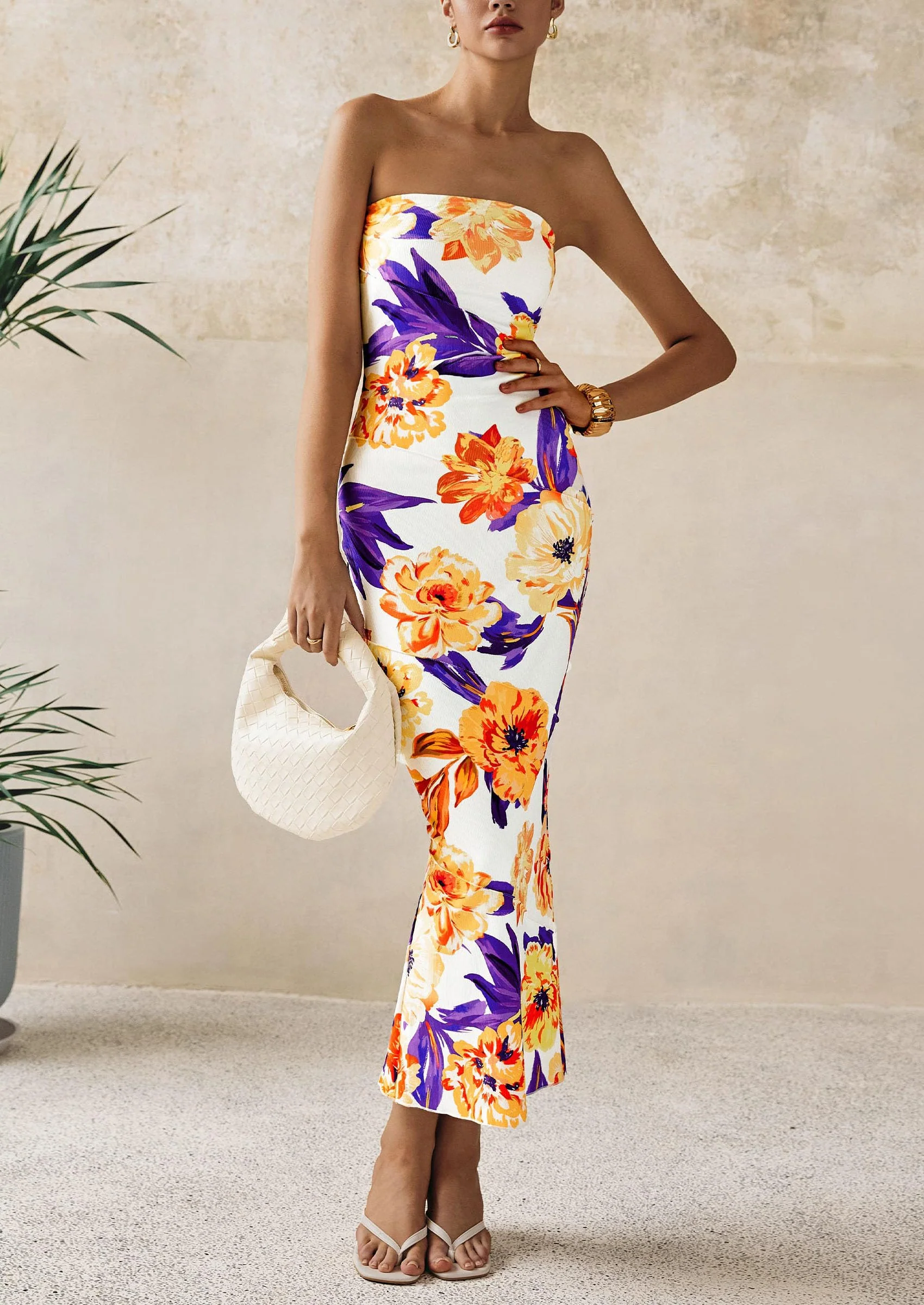 PRETTYGARDEN Women's Floral Bodycon Maxi Dresses Ribbed Strapless Tube Casual Boho Party Long Dress - Image 17