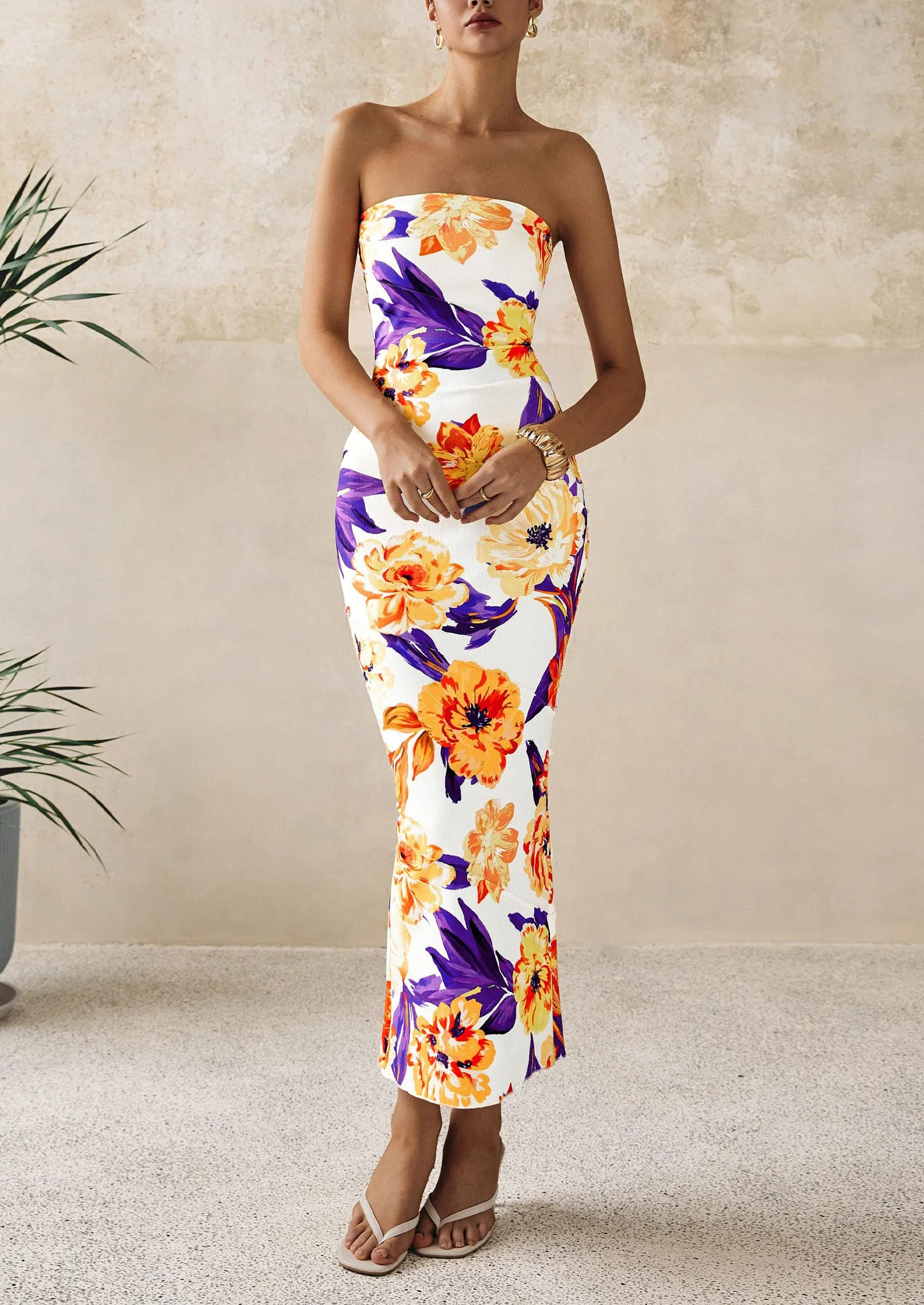 PRETTYGARDEN Women's Floral Bodycon Maxi Dresses Ribbed Strapless Tube Casual Boho Party Long Dress - Image 19