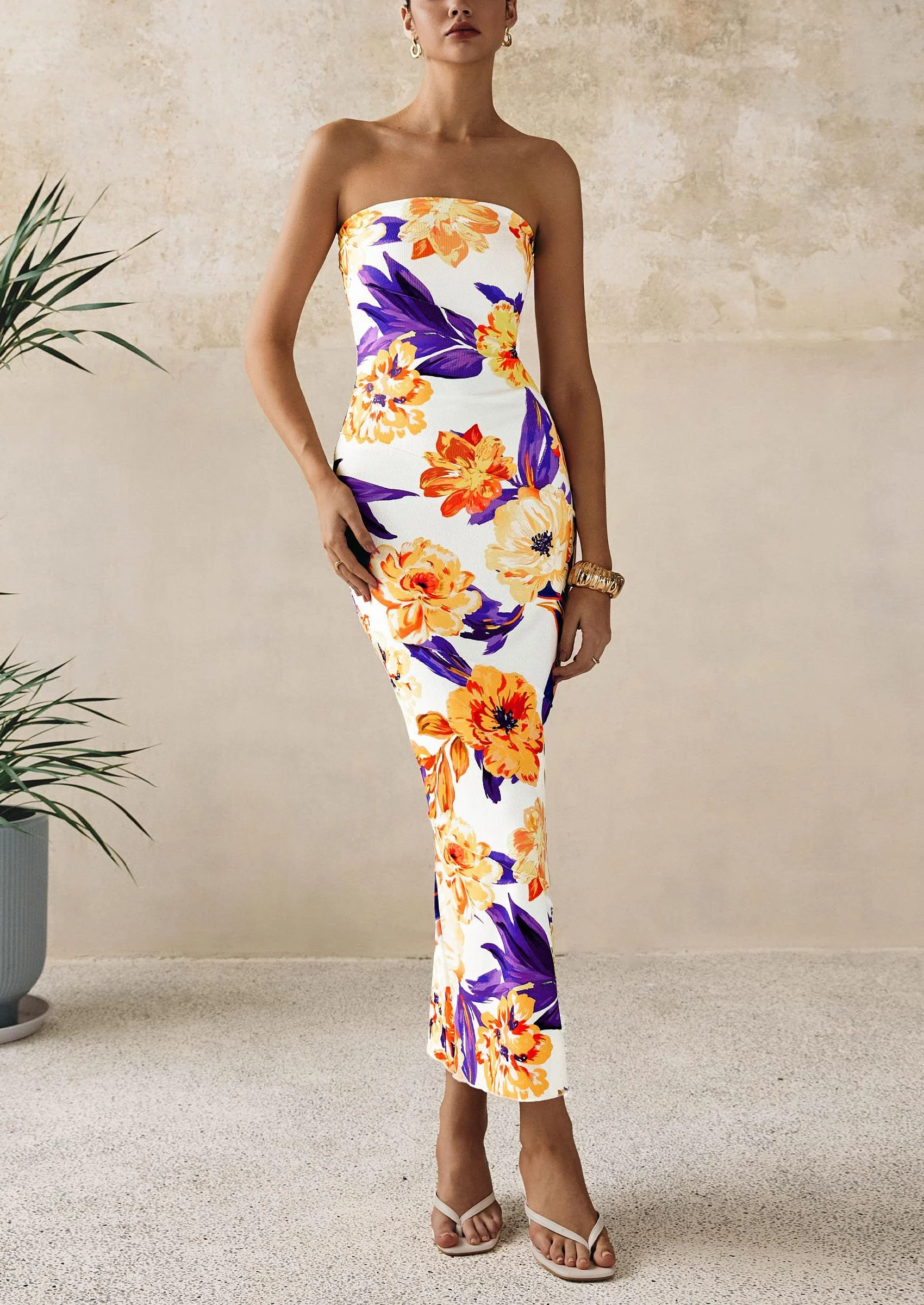 PRETTYGARDEN Women's Floral Bodycon Maxi Dresses Ribbed Strapless Tube Casual Boho Party Long Dress - Image 20