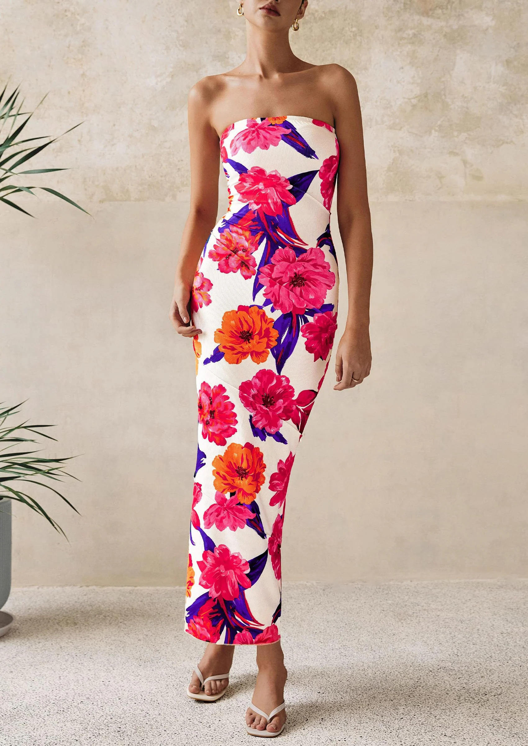 PRETTYGARDEN Women's Floral Bodycon Maxi Dresses Ribbed Strapless Tube Casual Boho Party Long Dress - Image 26