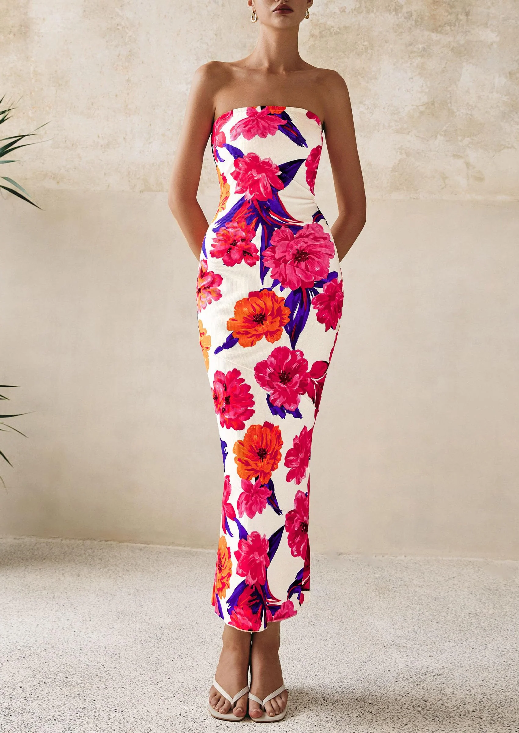 PRETTYGARDEN Women's Floral Bodycon Maxi Dresses Ribbed Strapless Tube Casual Boho Party Long Dress - Image 27