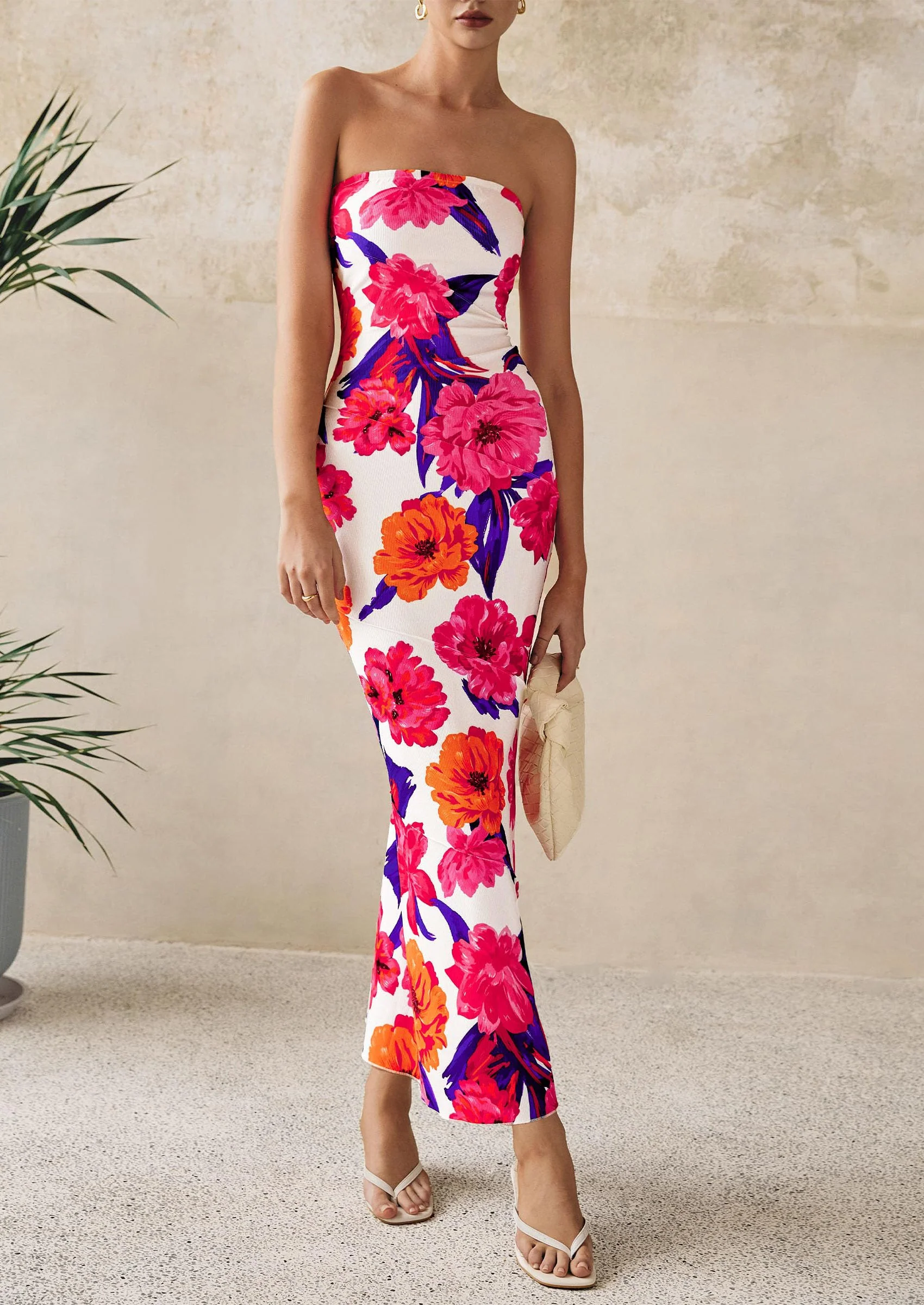 PRETTYGARDEN Women's Floral Bodycon Maxi Dresses Ribbed Strapless Tube Casual Boho Party Long Dress - Image 30