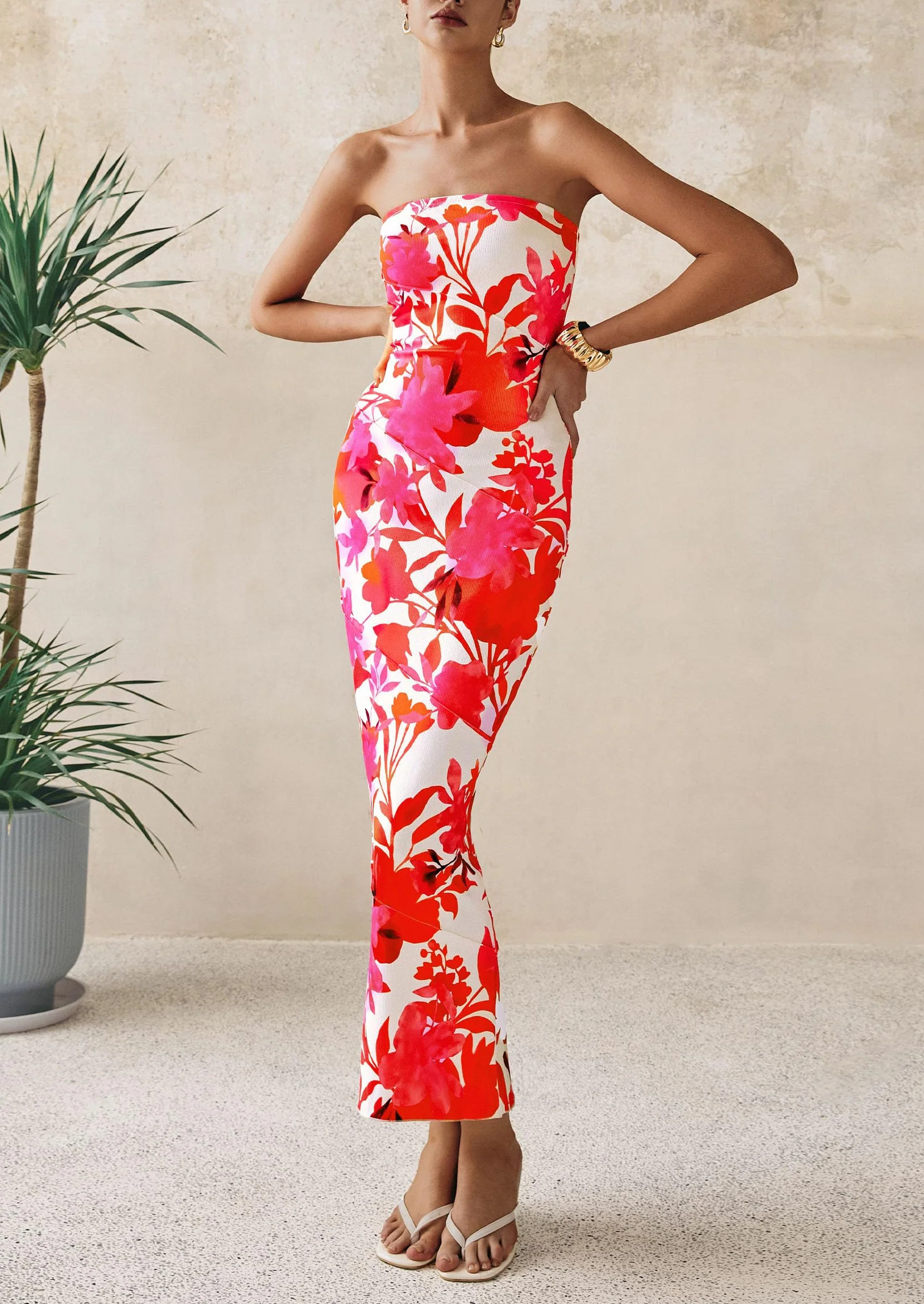 PRETTYGARDEN Women's Floral Bodycon Maxi Dresses Ribbed Strapless Tube Casual Boho Party Long Dress - Image 31
