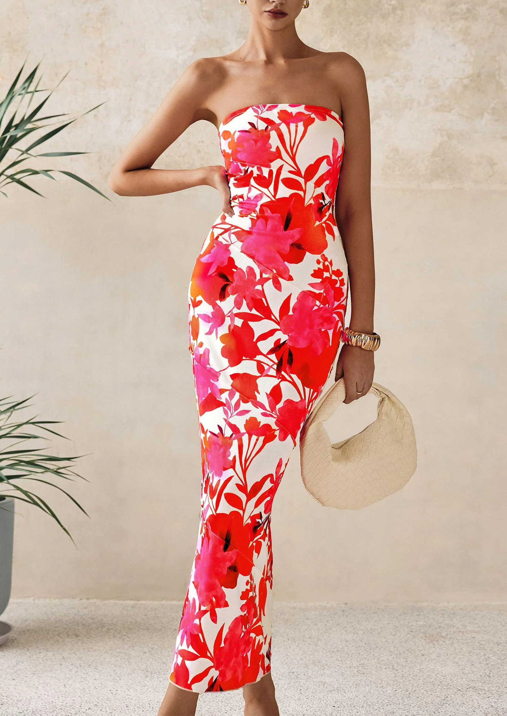 PRETTYGARDEN Women's Floral Bodycon Maxi Dresses Ribbed Strapless Tube Casual Boho Party Long Dress - Image 35