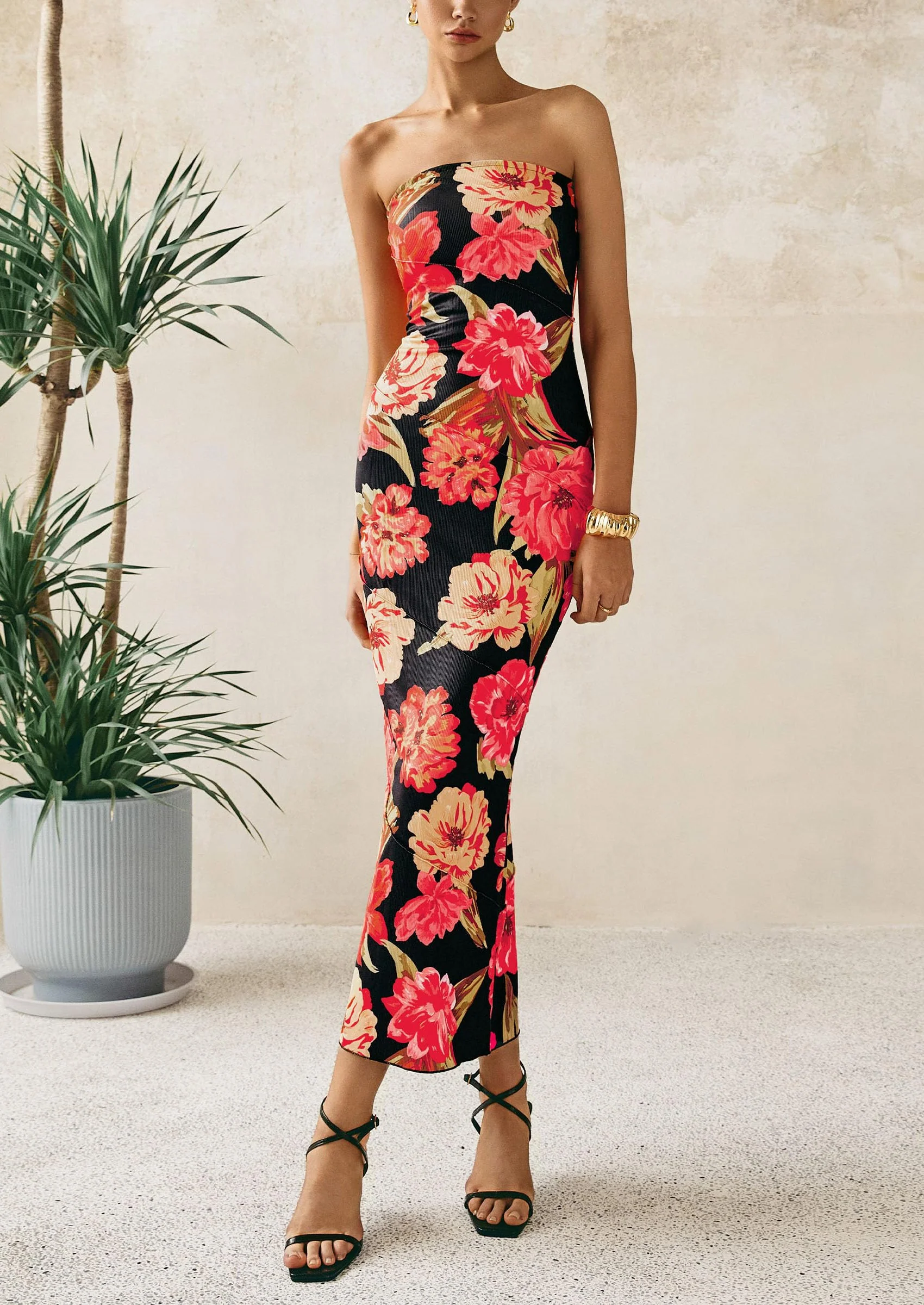 PRETTYGARDEN Women's Floral Bodycon Maxi Dresses Ribbed Strapless Tube Casual Boho Party Long Dress - Image 7