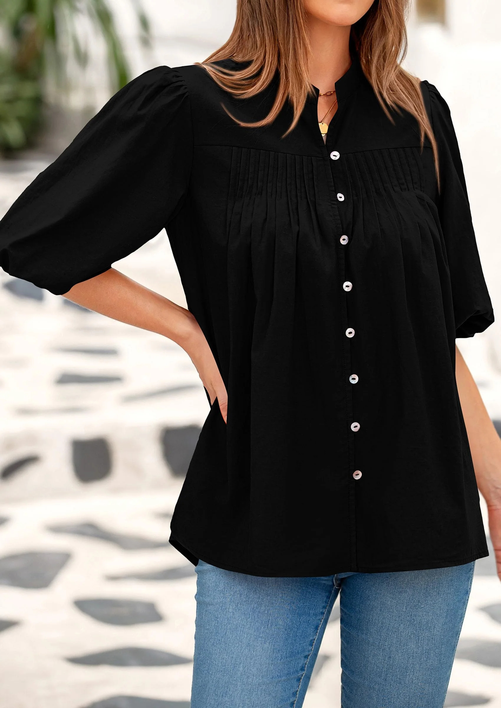 PRETTYGARDEN Women's Summer Short Lantern Sleeve Tops Loose Fit Button Down Shirt Casual Pleated V Neck Blouses - Image 12