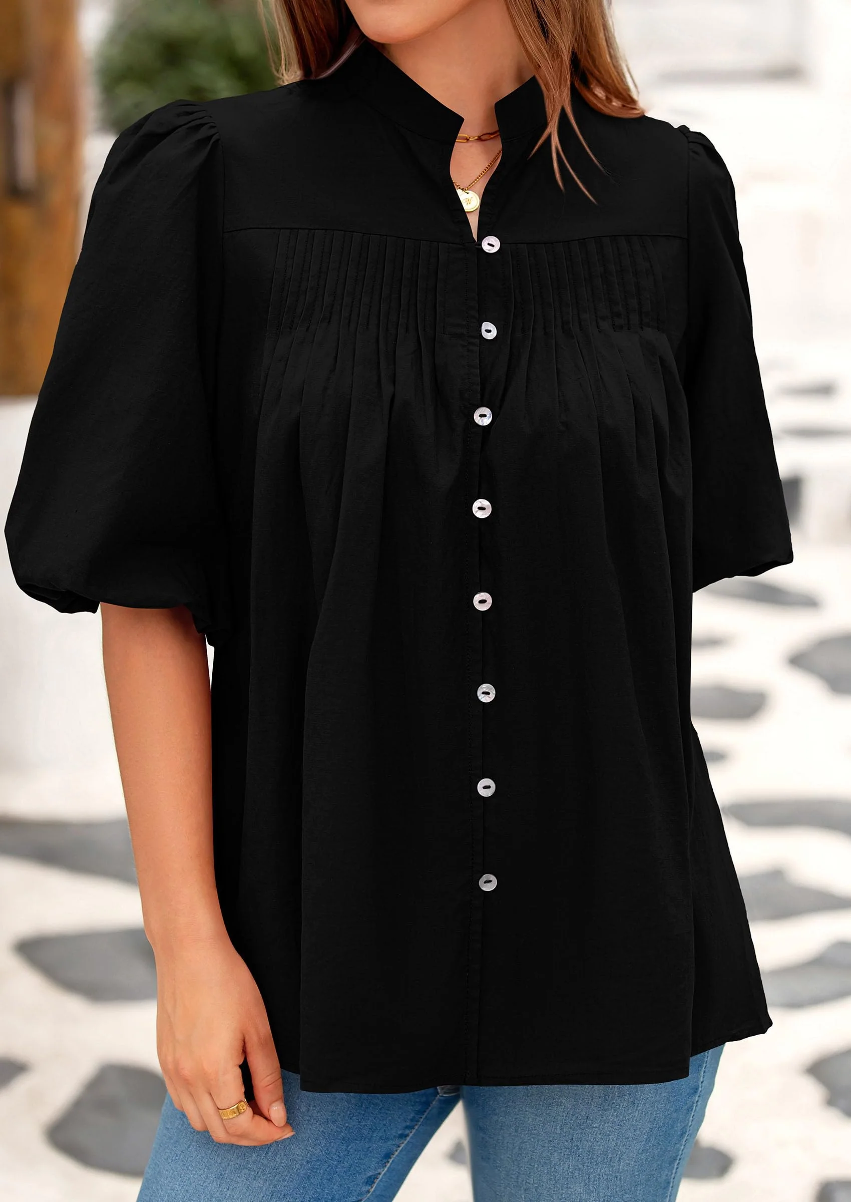 PRETTYGARDEN Women's Summer Short Lantern Sleeve Tops Loose Fit Button Down Shirt Casual Pleated V Neck Blouses - Image 15