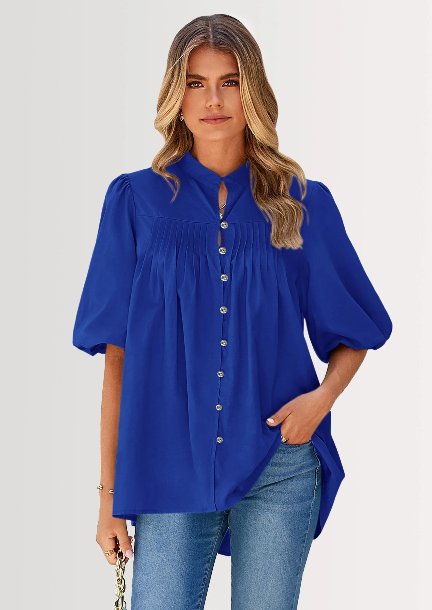 PRETTYGARDEN Women's Summer Short Lantern Sleeve Tops Loose Fit Button Down Shirt Casual Pleated V Neck Blouses - Image 17