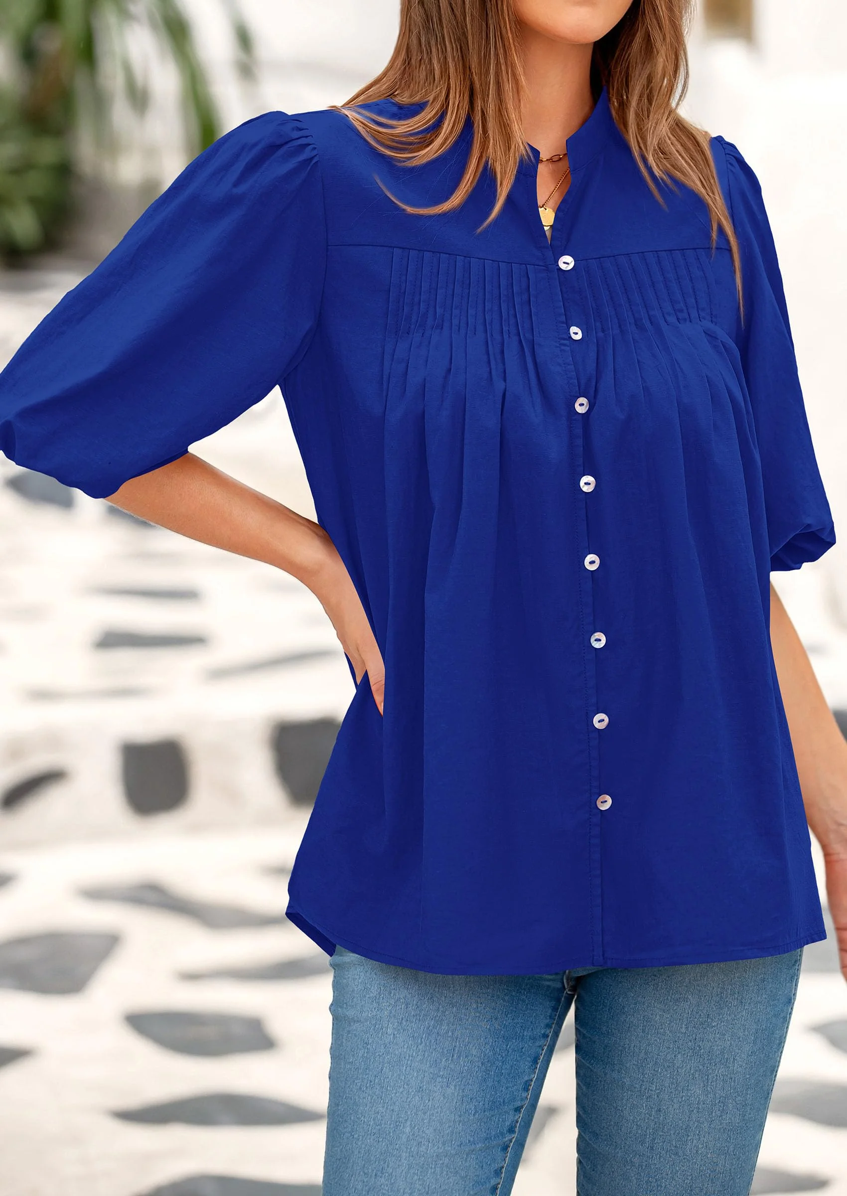 PRETTYGARDEN Women's Summer Short Lantern Sleeve Tops Loose Fit Button Down Shirt Casual Pleated V Neck Blouses - Image 21