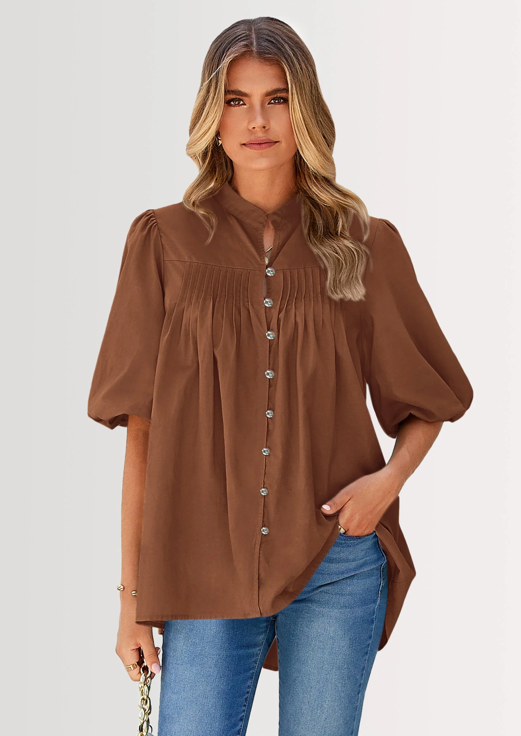 PRETTYGARDEN Women's Summer Short Lantern Sleeve Tops Loose Fit Button Down Shirt Casual Pleated V Neck Blouses - Image 25